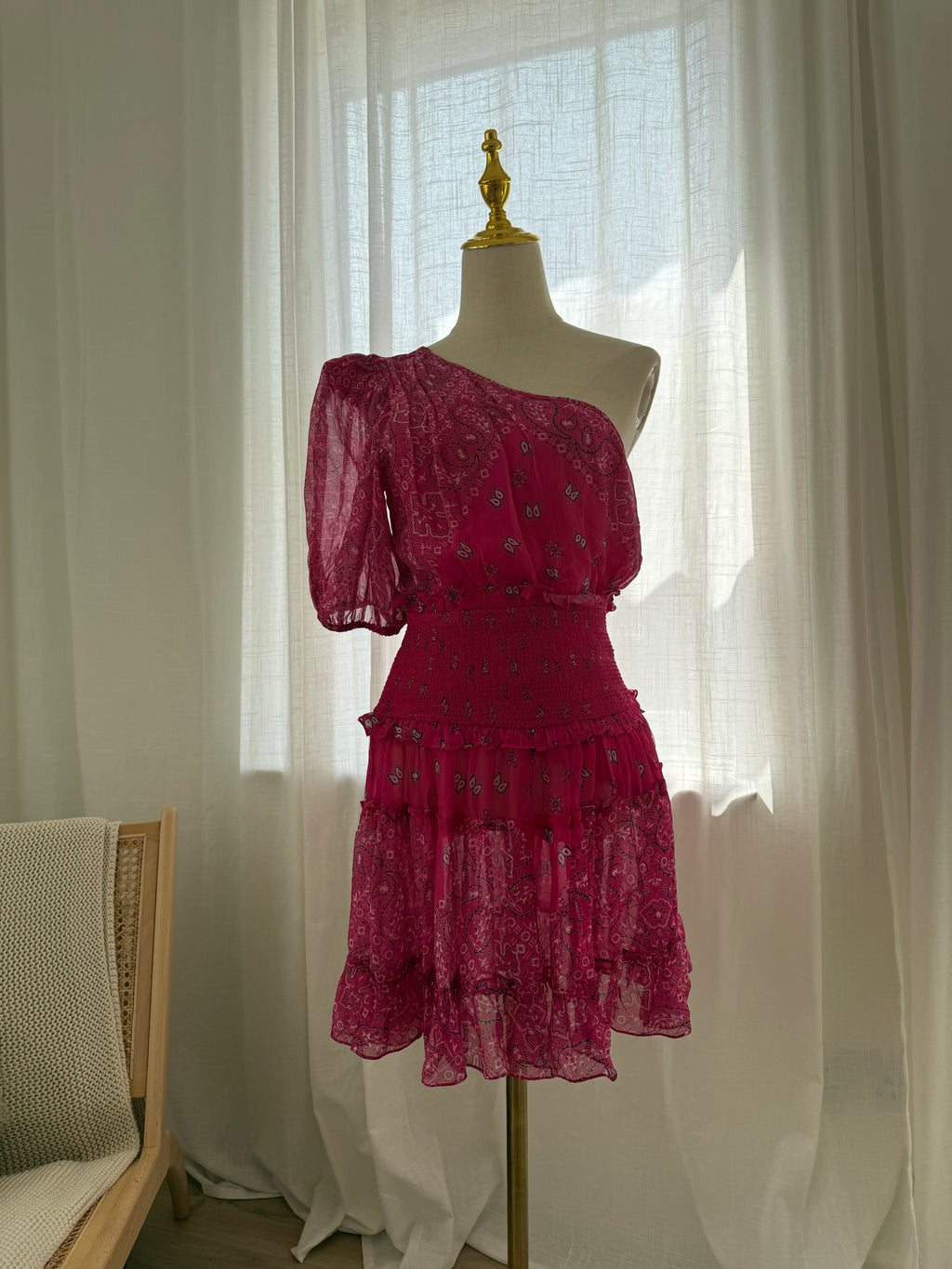 Rococo Sands One-Shoulder Pink Mini Dress with Ruffle Detailing – Size M