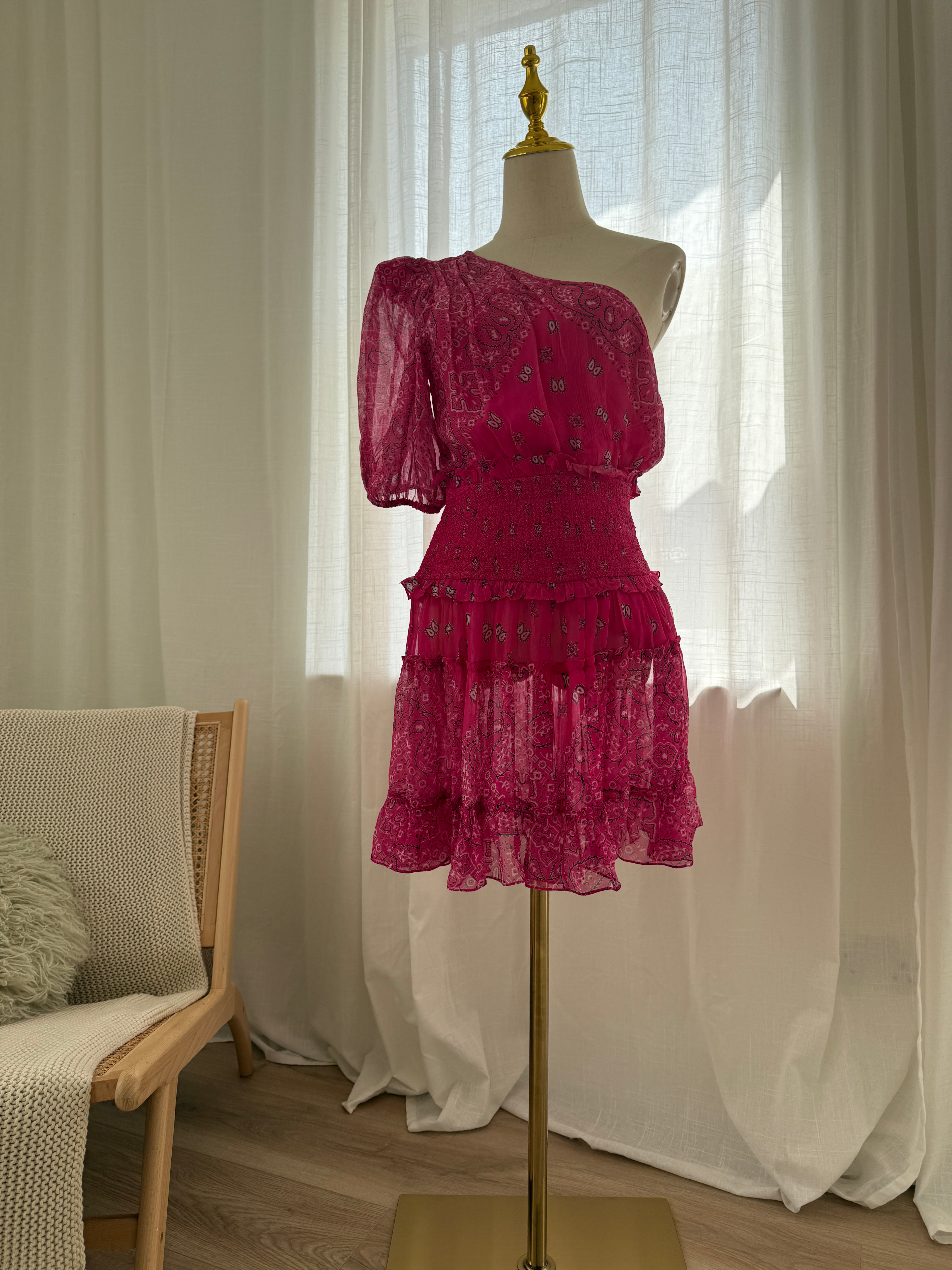 Rococo Sands One-Shoulder Pink Mini Dress with Ruffle Detailing – Size M