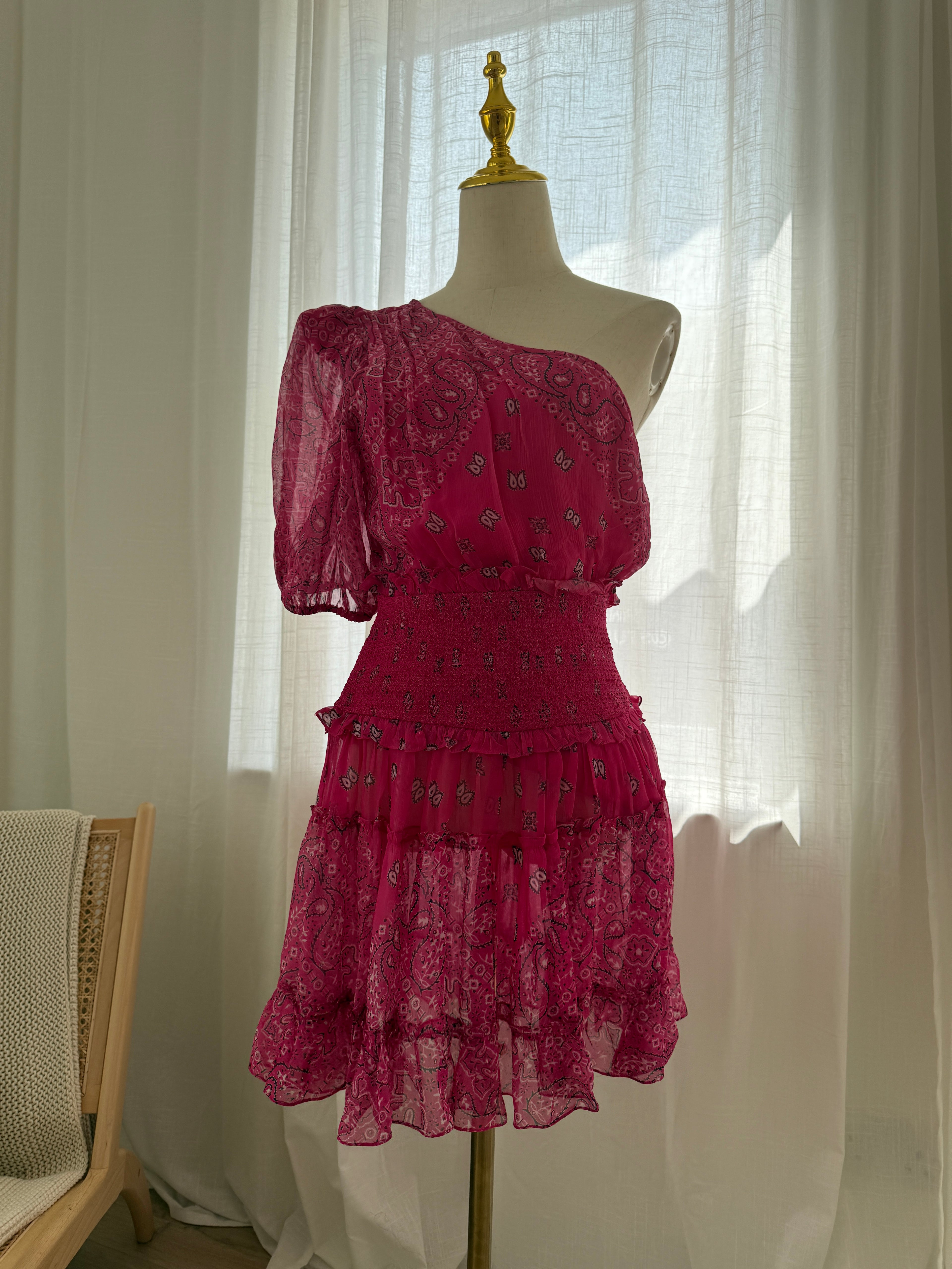 Rococo Sands One-Shoulder Pink Mini Dress with Ruffle Detailing – Size M