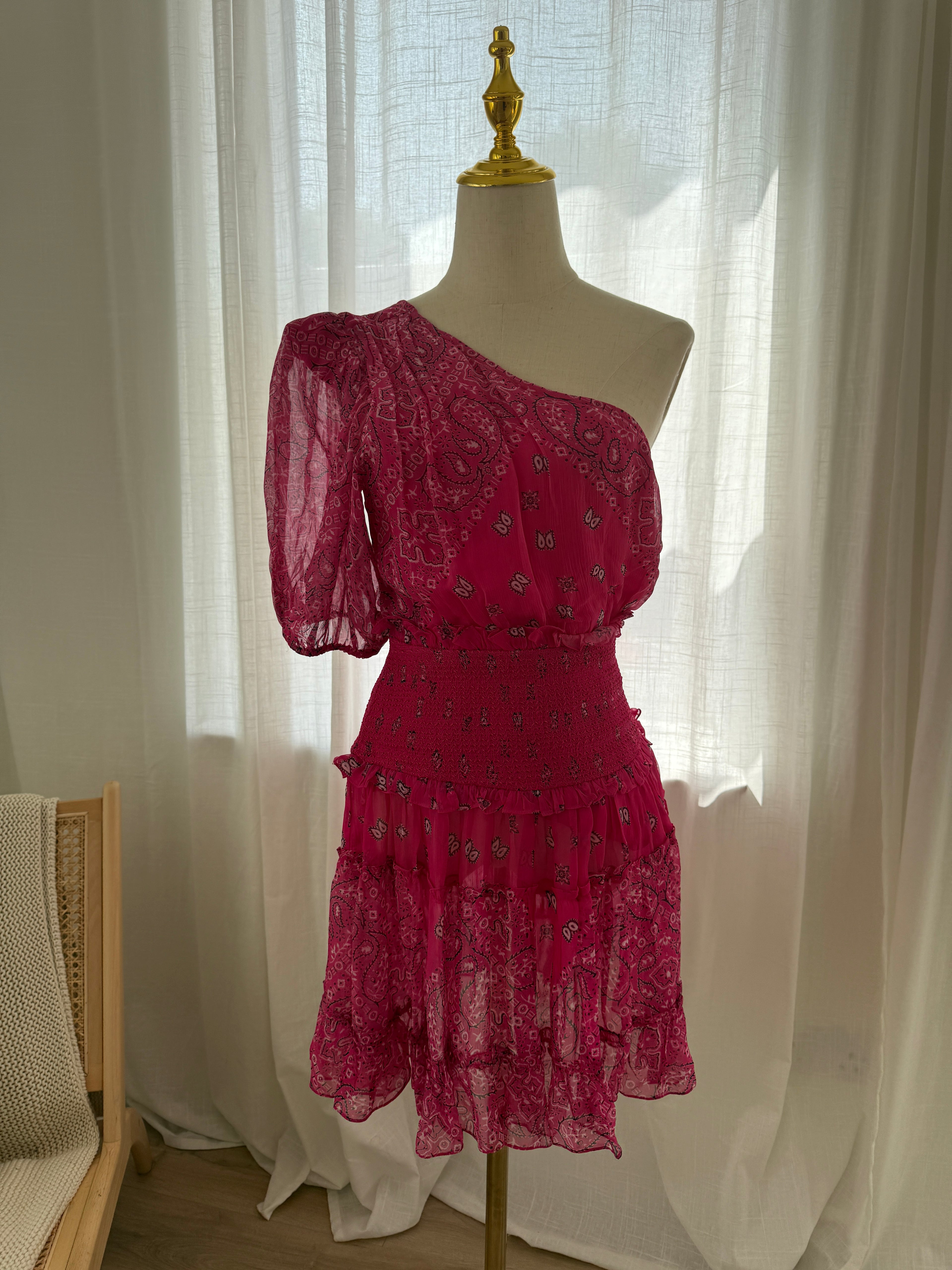 Rococo Sands One-Shoulder Pink Mini Dress with Ruffle Detailing – Size M