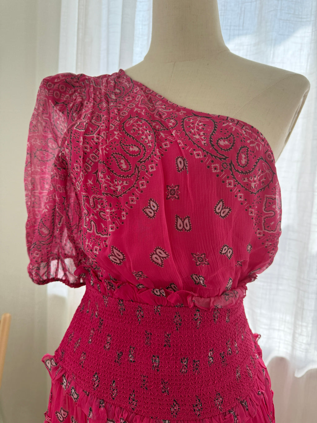 Rococo Sands One-Shoulder Pink Mini Dress with Ruffle Detailing – Size M