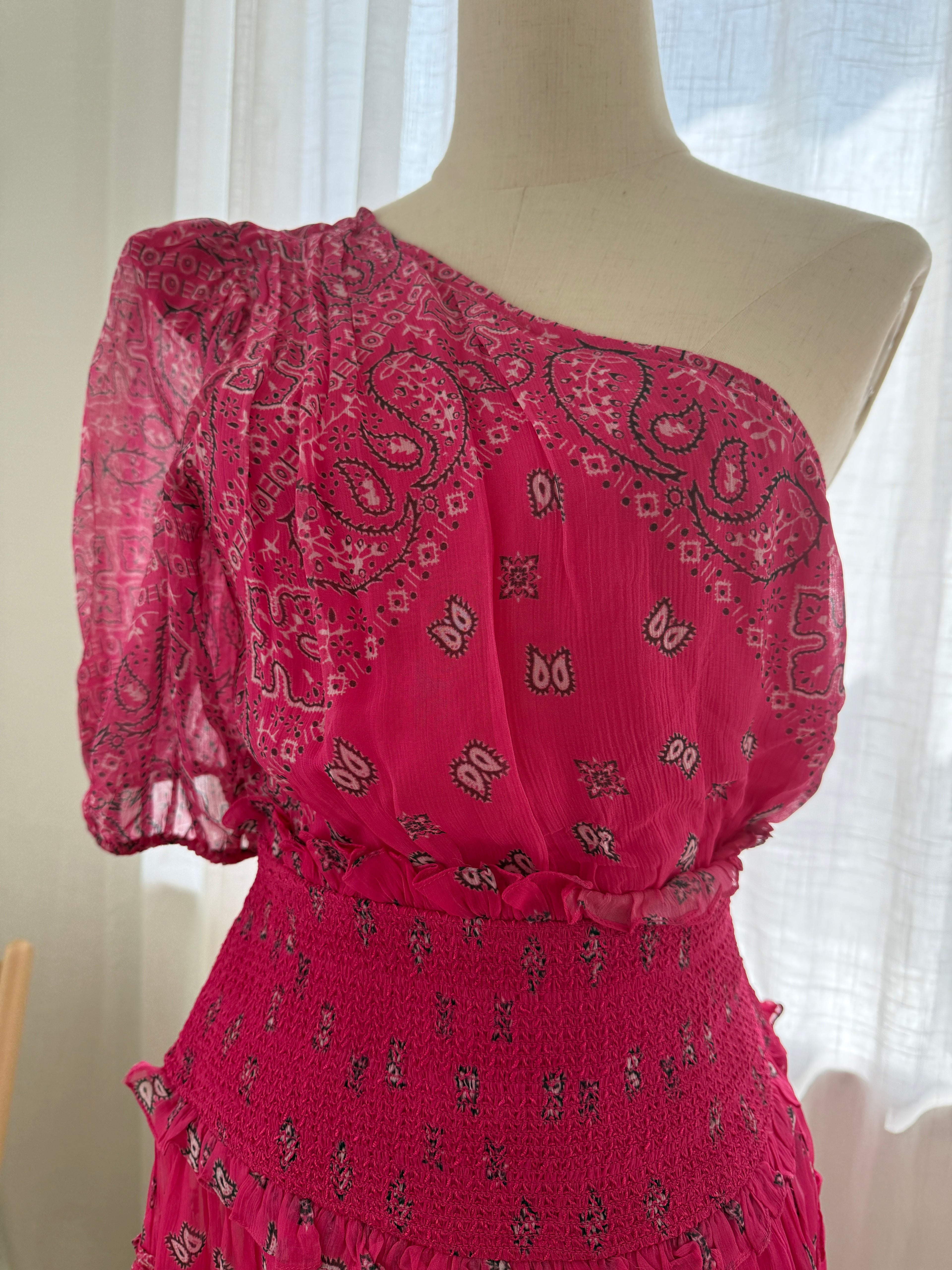 Rococo Sands One-Shoulder Pink Mini Dress with Ruffle Detailing – Size M