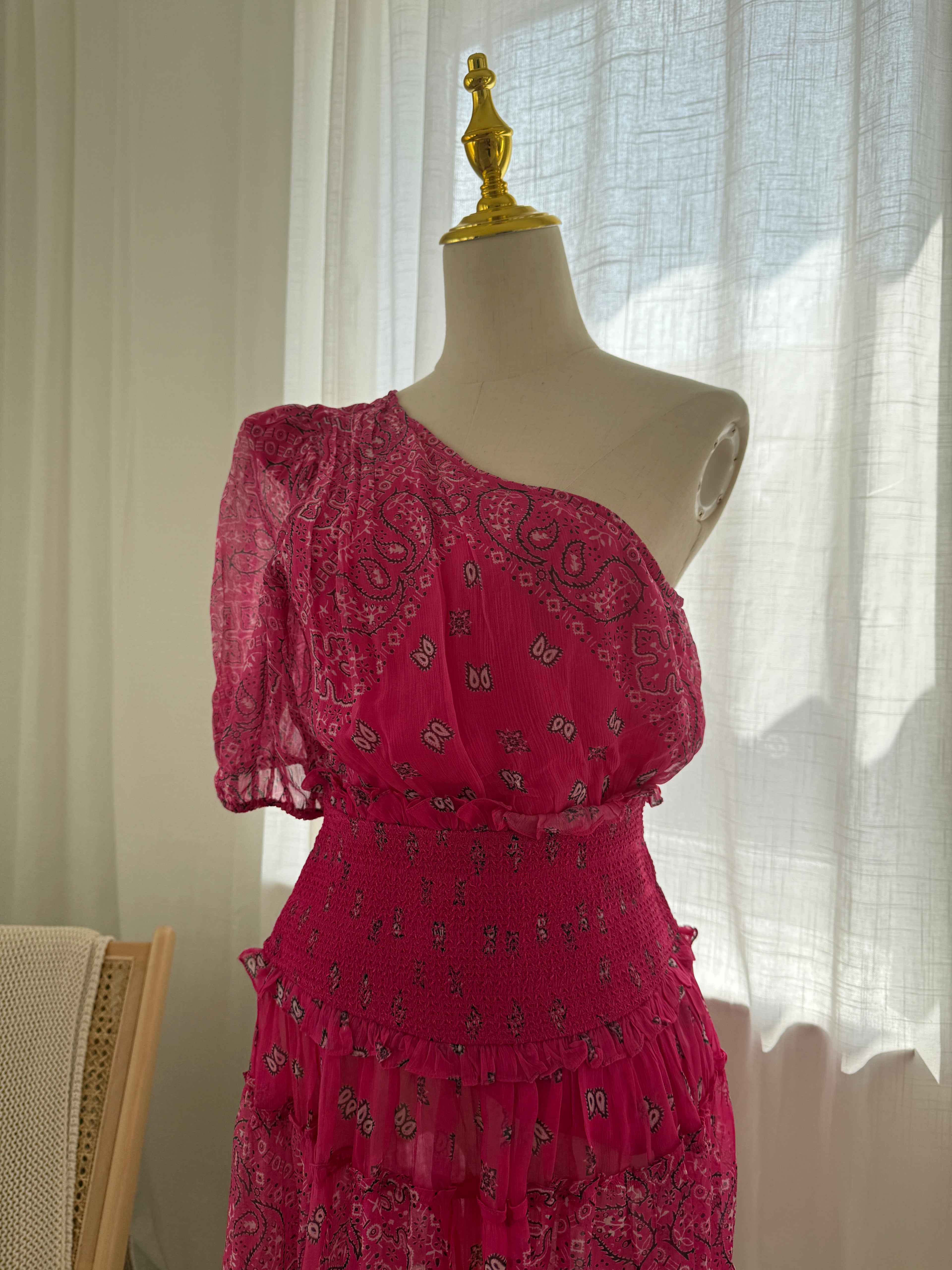 Rococo Sands One-Shoulder Pink Mini Dress with Ruffle Detailing – Size M