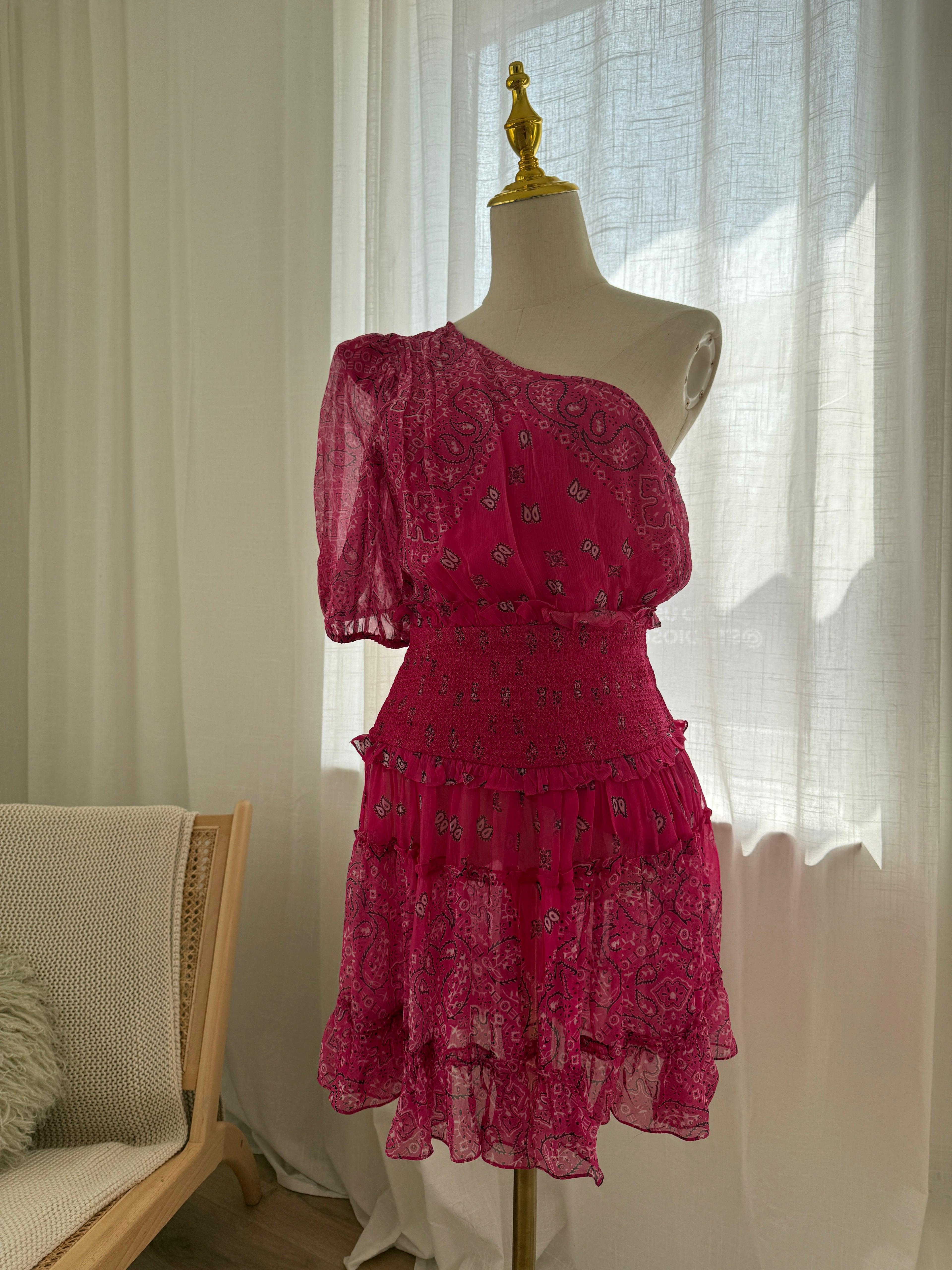 Rococo Sands One-Shoulder Pink Mini Dress with Ruffle Detailing – Size M