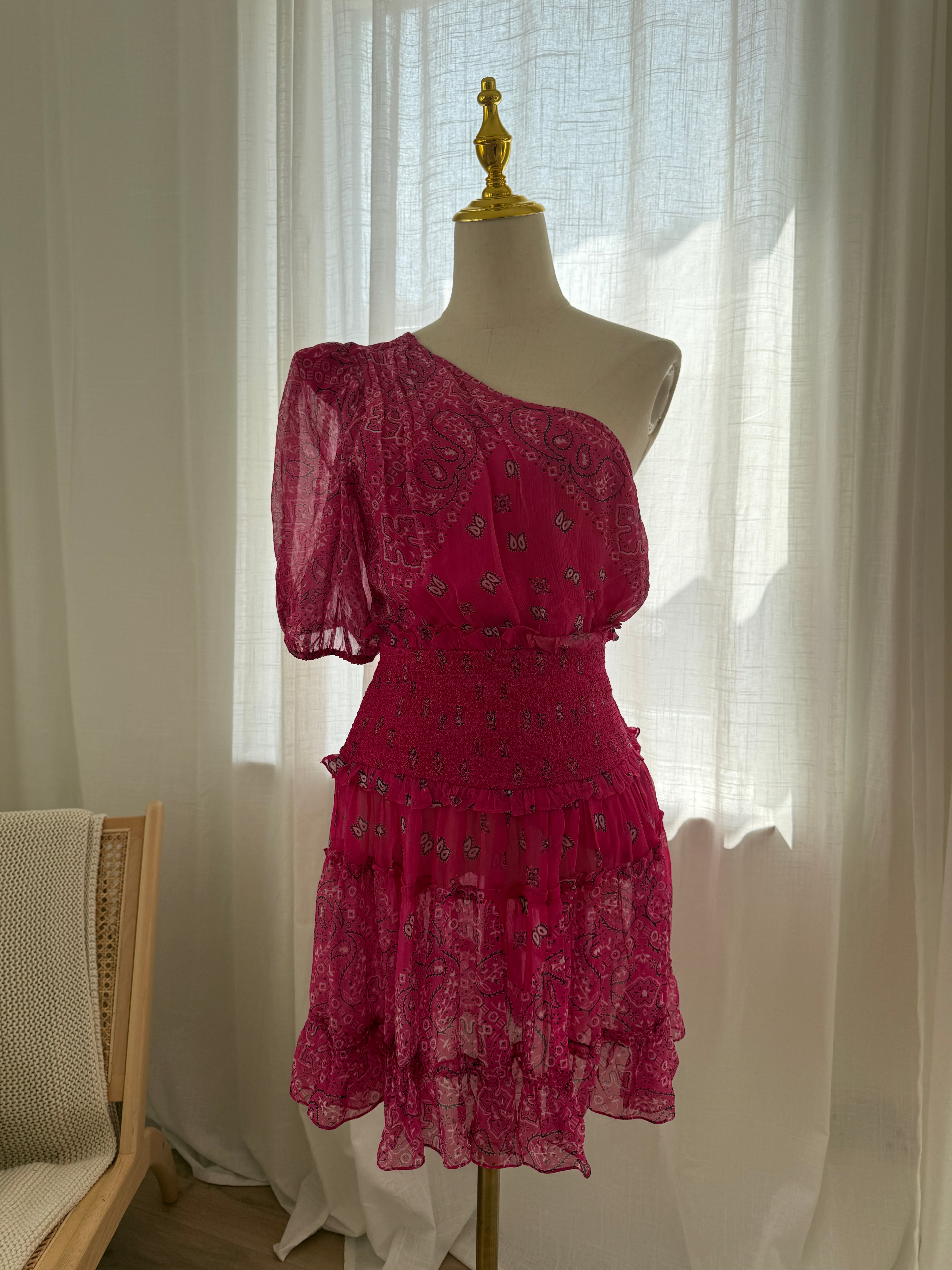 Rococo Sands One-Shoulder Pink Mini Dress with Ruffle Detailing – Size M