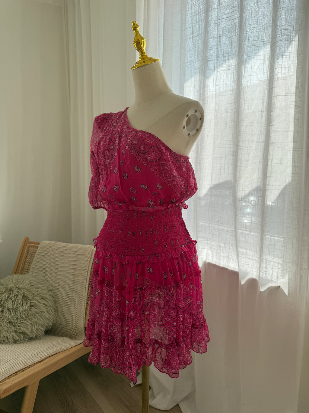 Rococo Sands One-Shoulder Pink Mini Dress with Ruffle Detailing – Size M