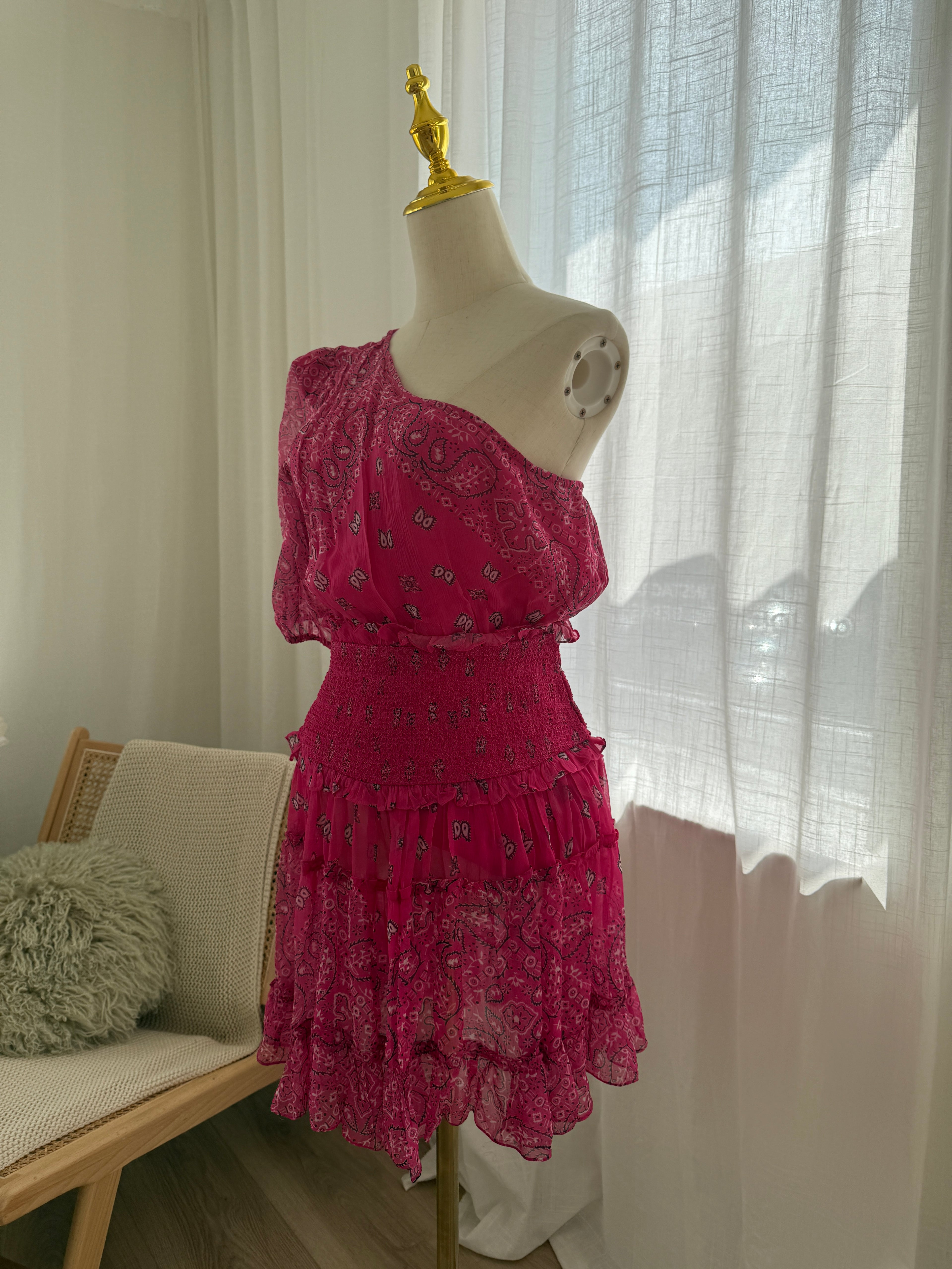 Rococo Sands One-Shoulder Pink Mini Dress with Ruffle Detailing – Size M