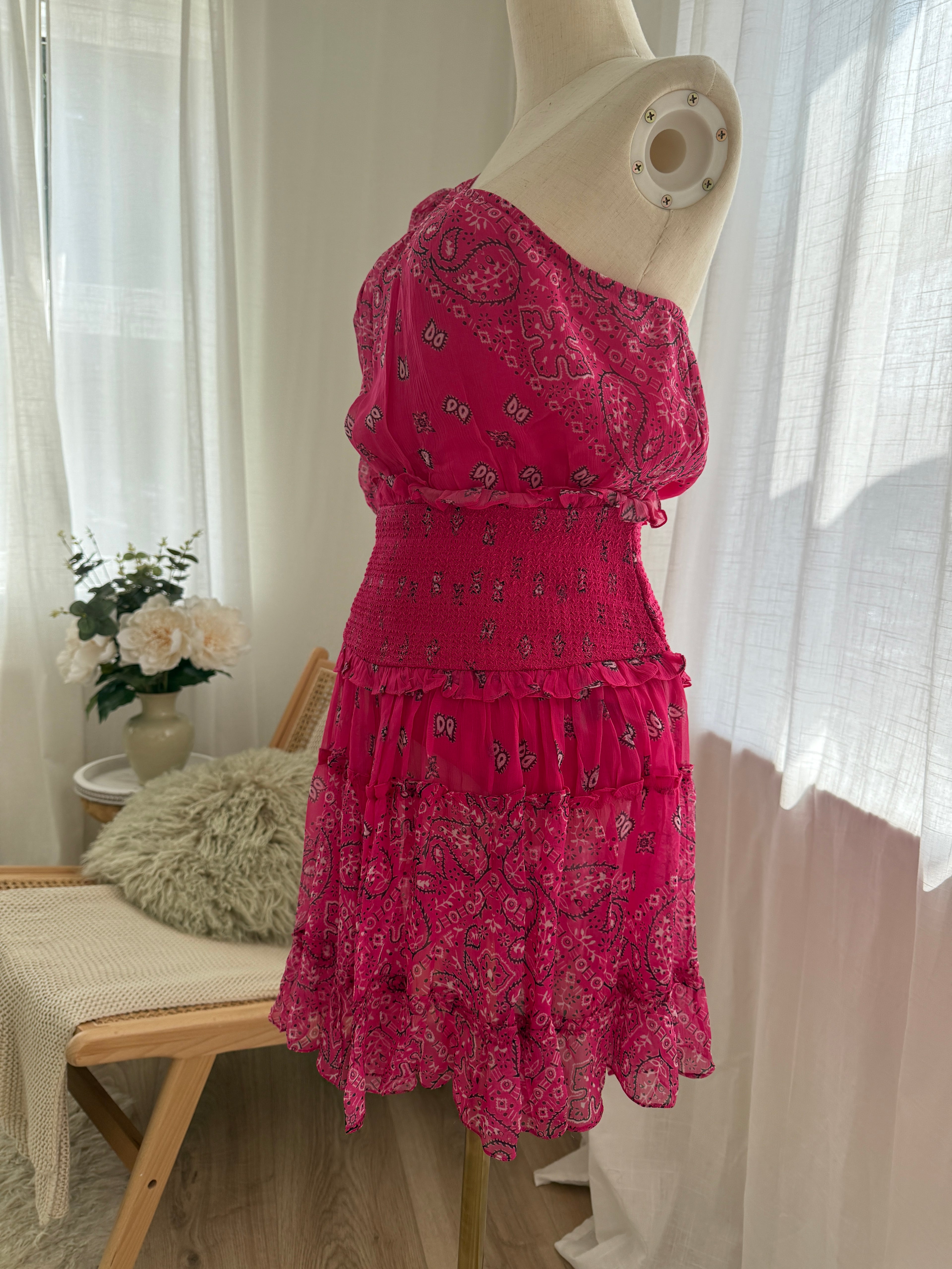 Rococo Sands One-Shoulder Pink Mini Dress with Ruffle Detailing – Size M
