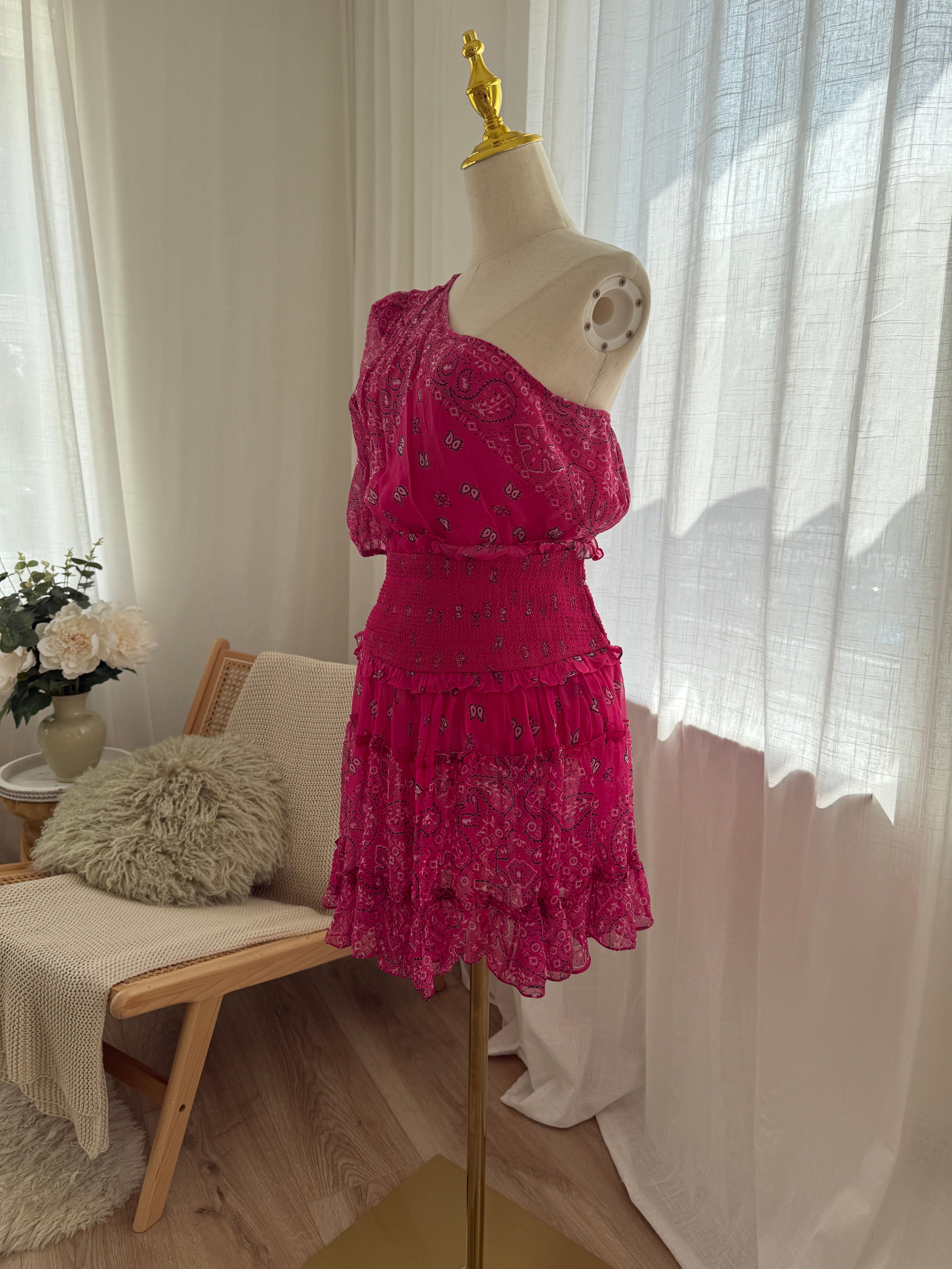 Rococo Sands One-Shoulder Pink Mini Dress with Ruffle Detailing – Size M