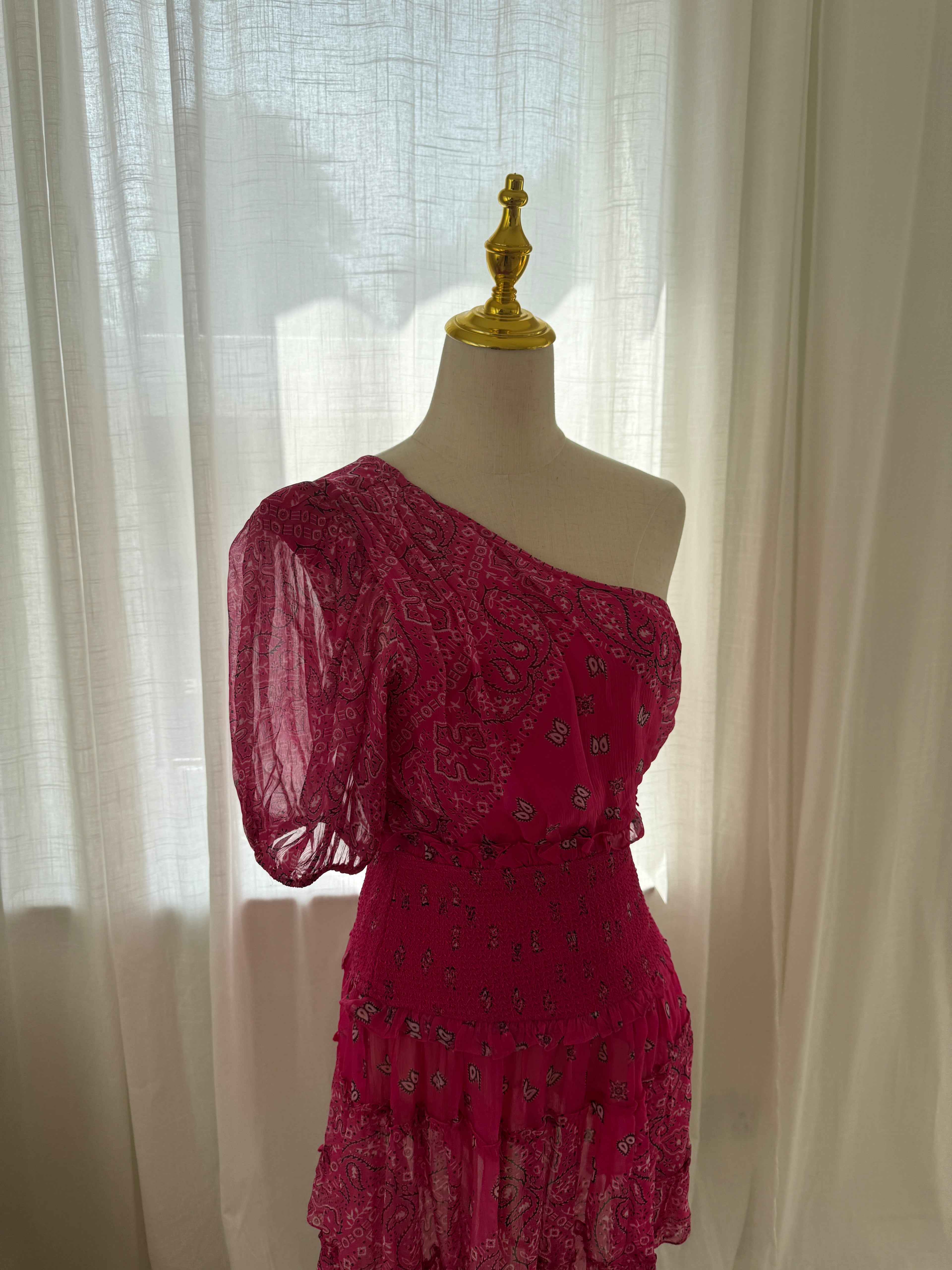 Rococo Sands One-Shoulder Pink Mini Dress with Ruffle Detailing – Size M