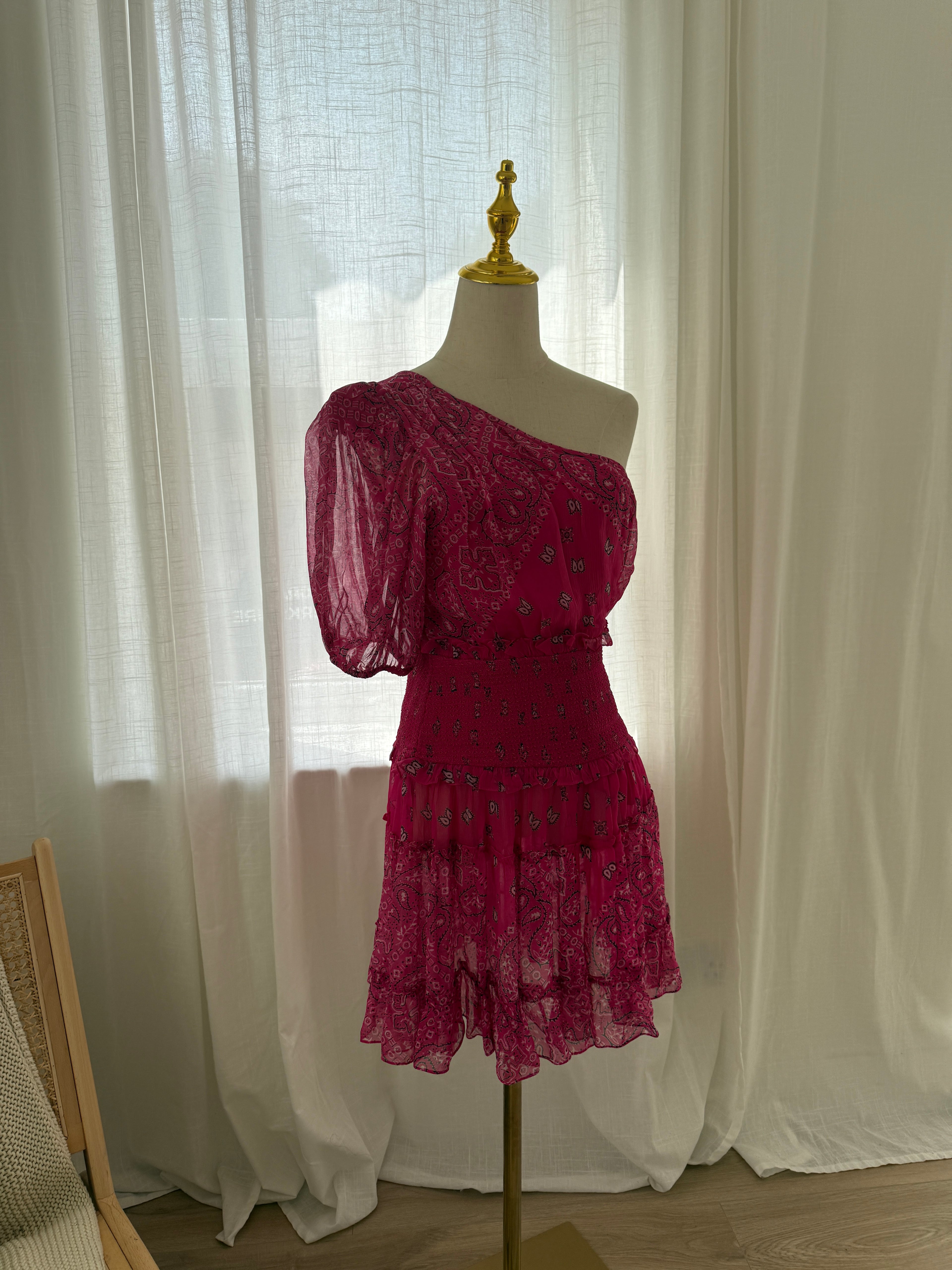 Rococo Sands One-Shoulder Pink Mini Dress with Ruffle Detailing – Size M