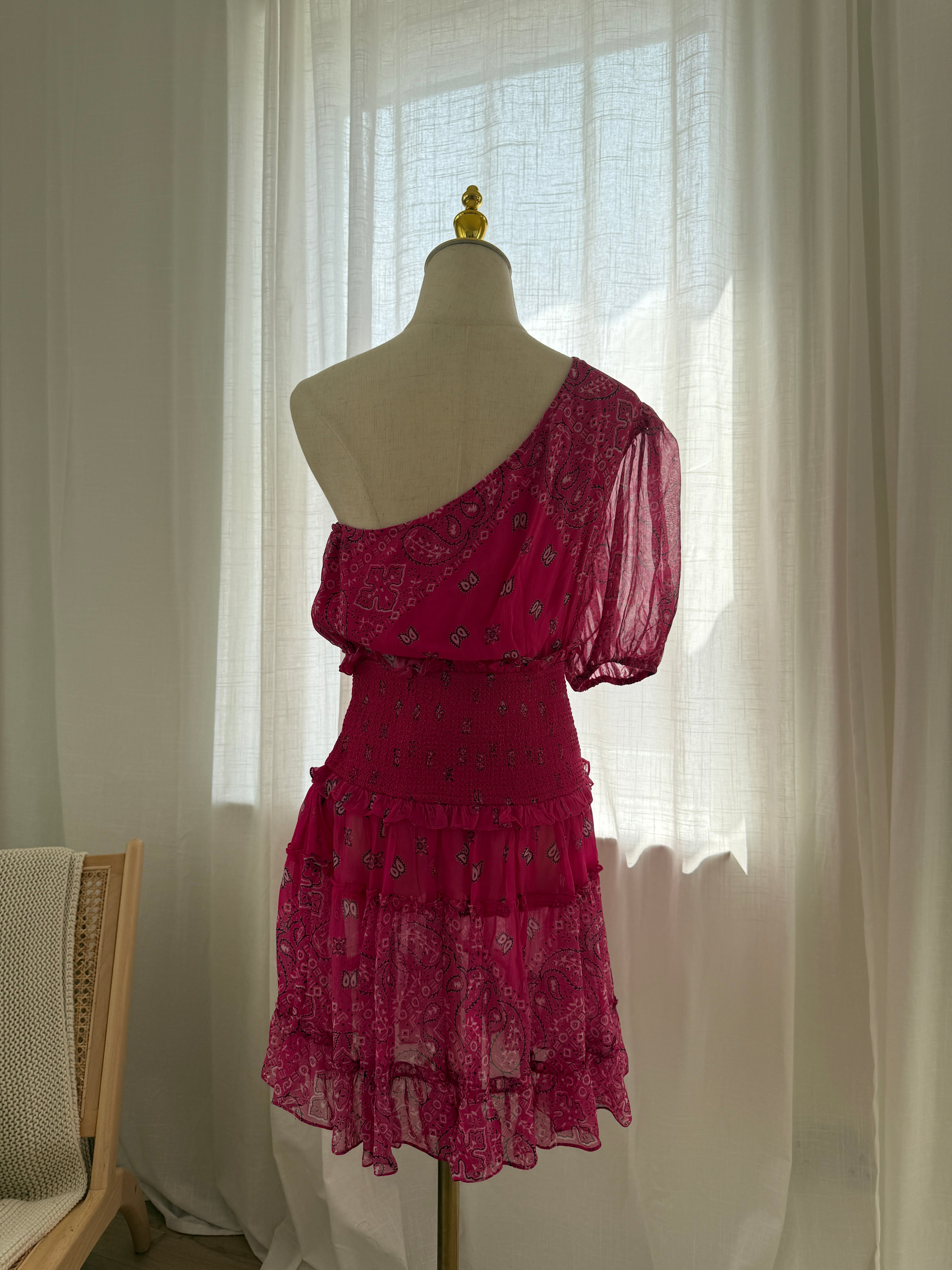 Rococo Sands One-Shoulder Pink Mini Dress with Ruffle Detailing – Size M