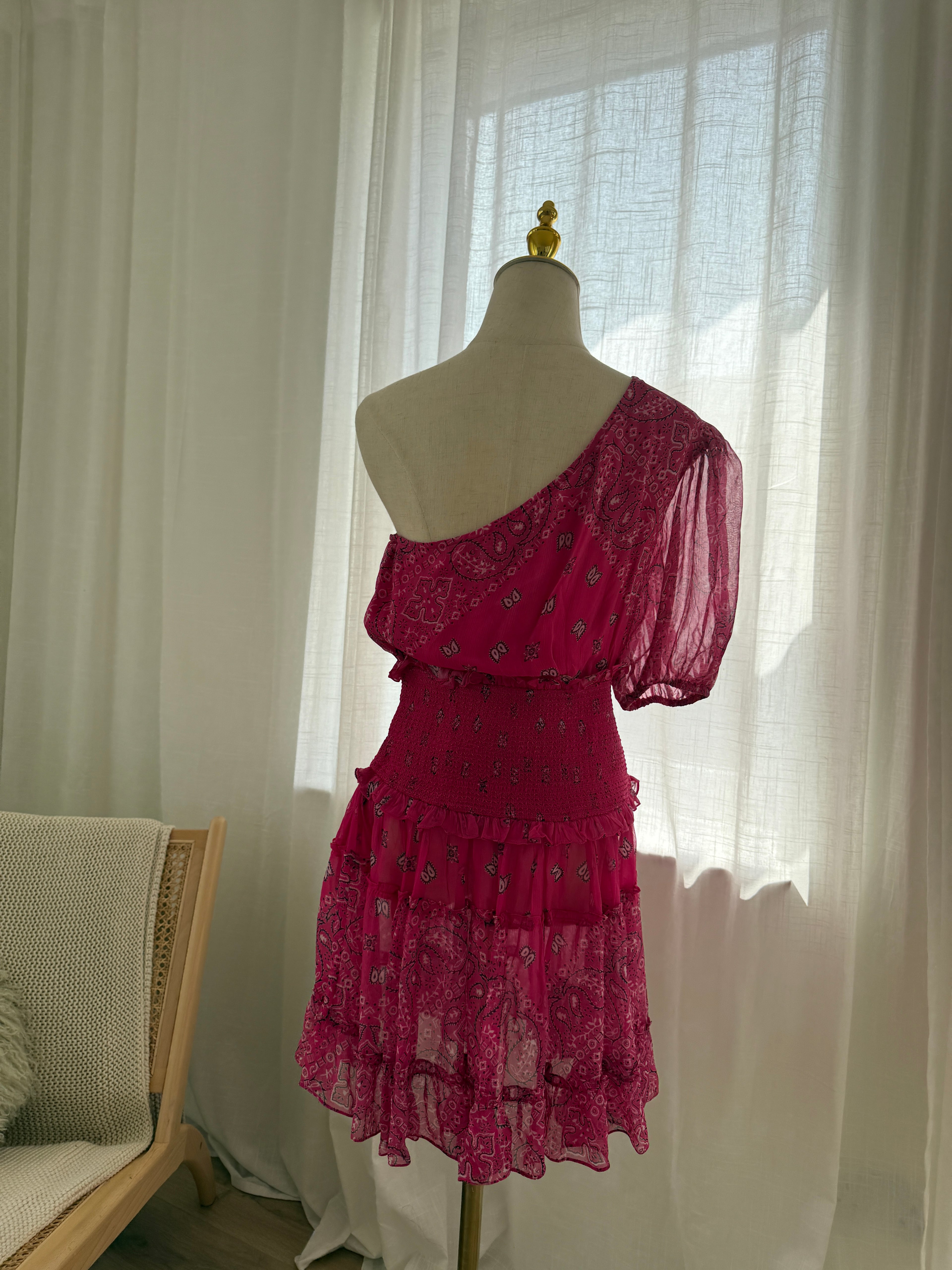 Rococo Sands One-Shoulder Pink Mini Dress with Ruffle Detailing – Size M