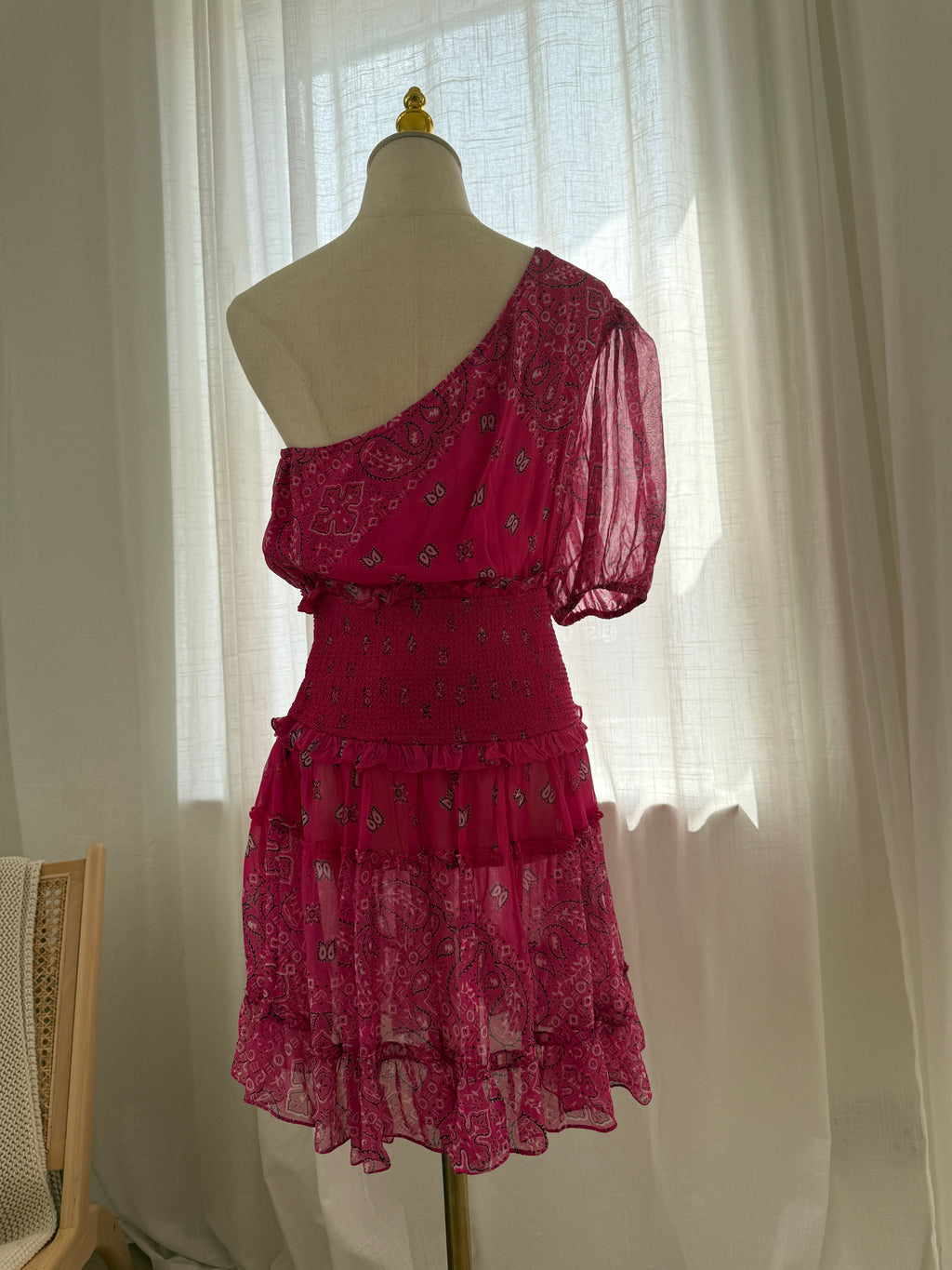 Rococo Sands One-Shoulder Pink Mini Dress with Ruffle Detailing – Size M