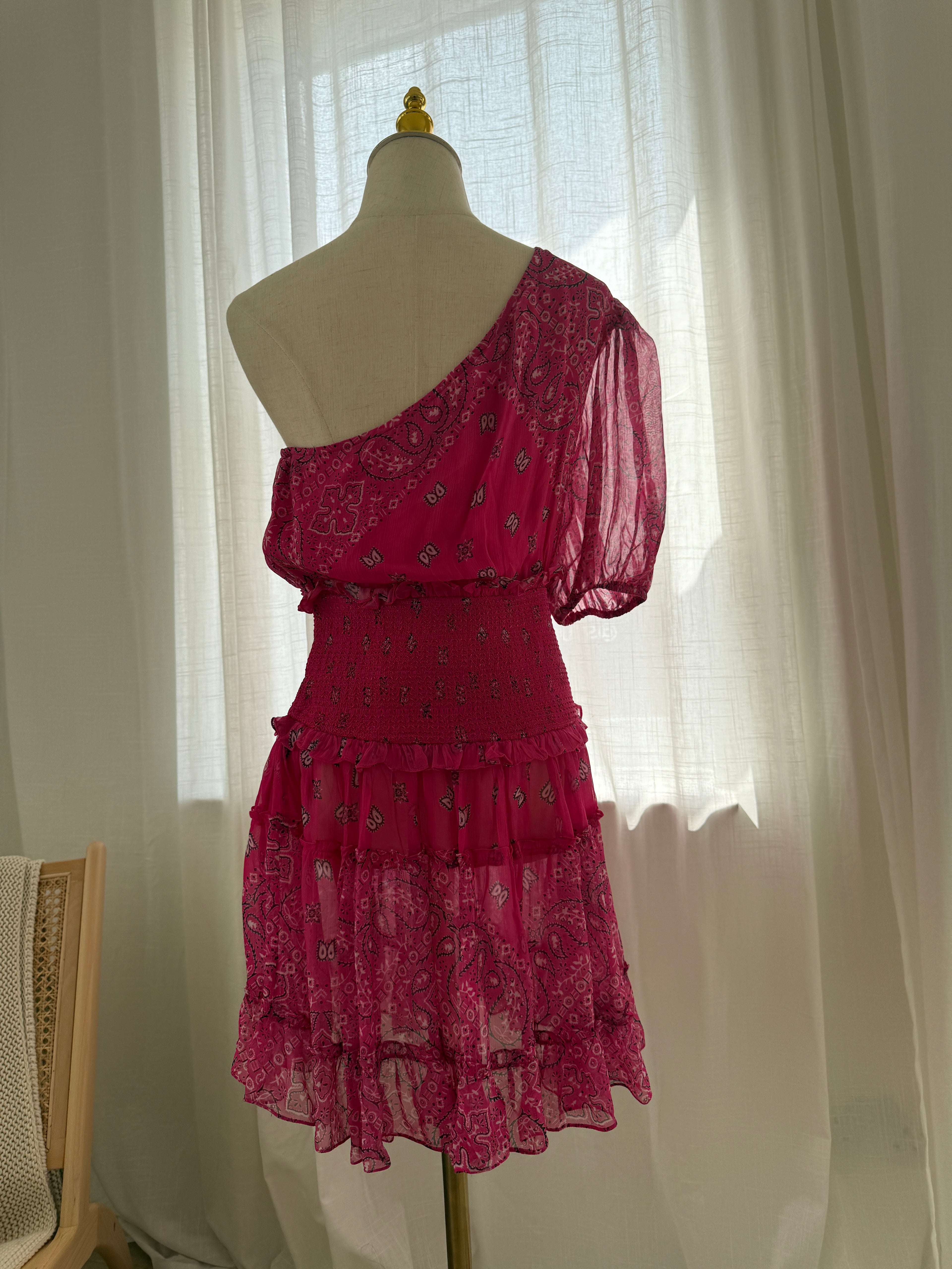 Rococo Sands One-Shoulder Pink Mini Dress with Ruffle Detailing – Size M