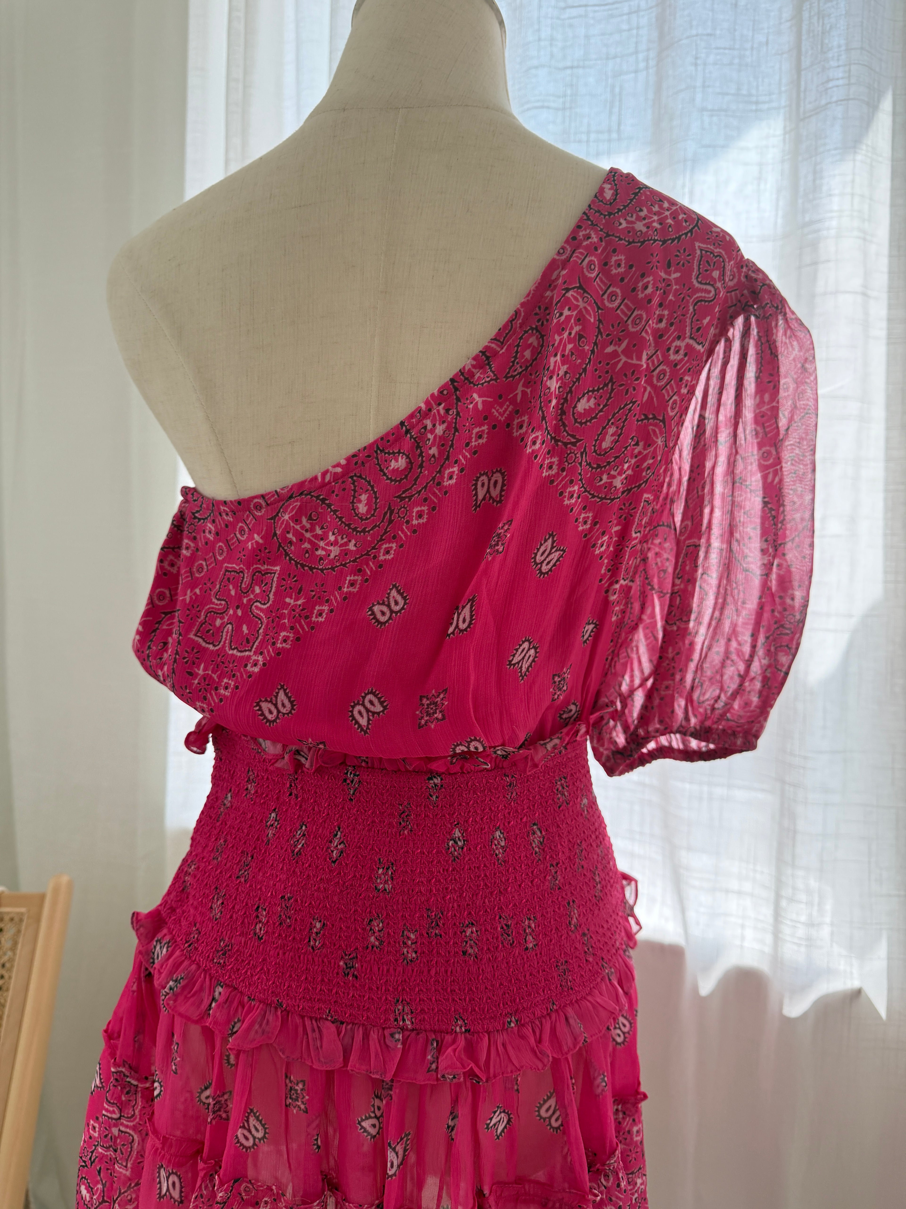 Rococo Sands One-Shoulder Pink Mini Dress with Ruffle Detailing – Size M
