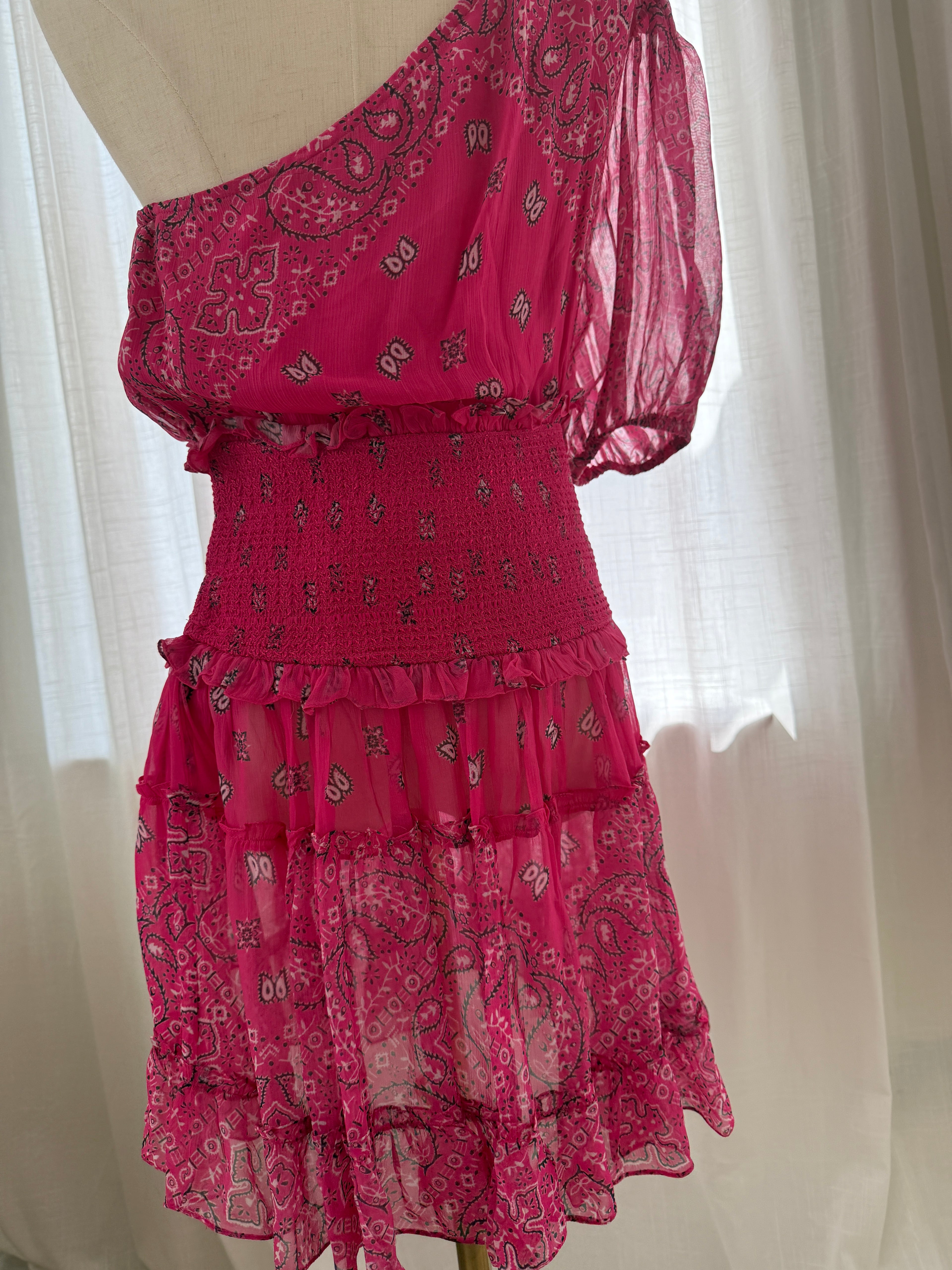 Rococo Sands One-Shoulder Pink Mini Dress with Ruffle Detailing – Size M