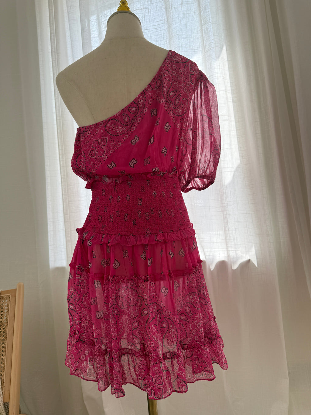 Rococo Sands One-Shoulder Pink Mini Dress with Ruffle Detailing – Size M