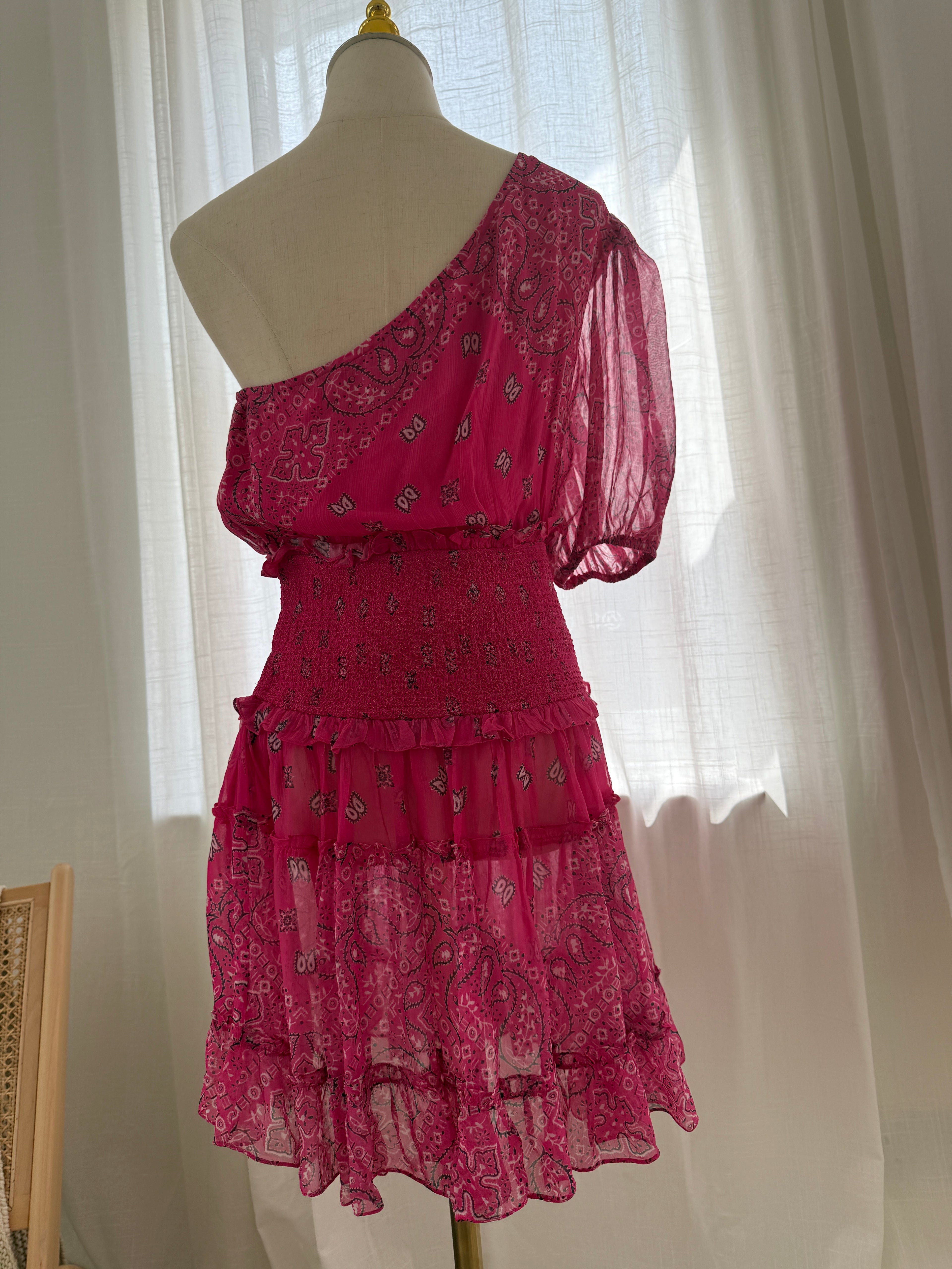 Rococo Sands One-Shoulder Pink Mini Dress with Ruffle Detailing – Size M