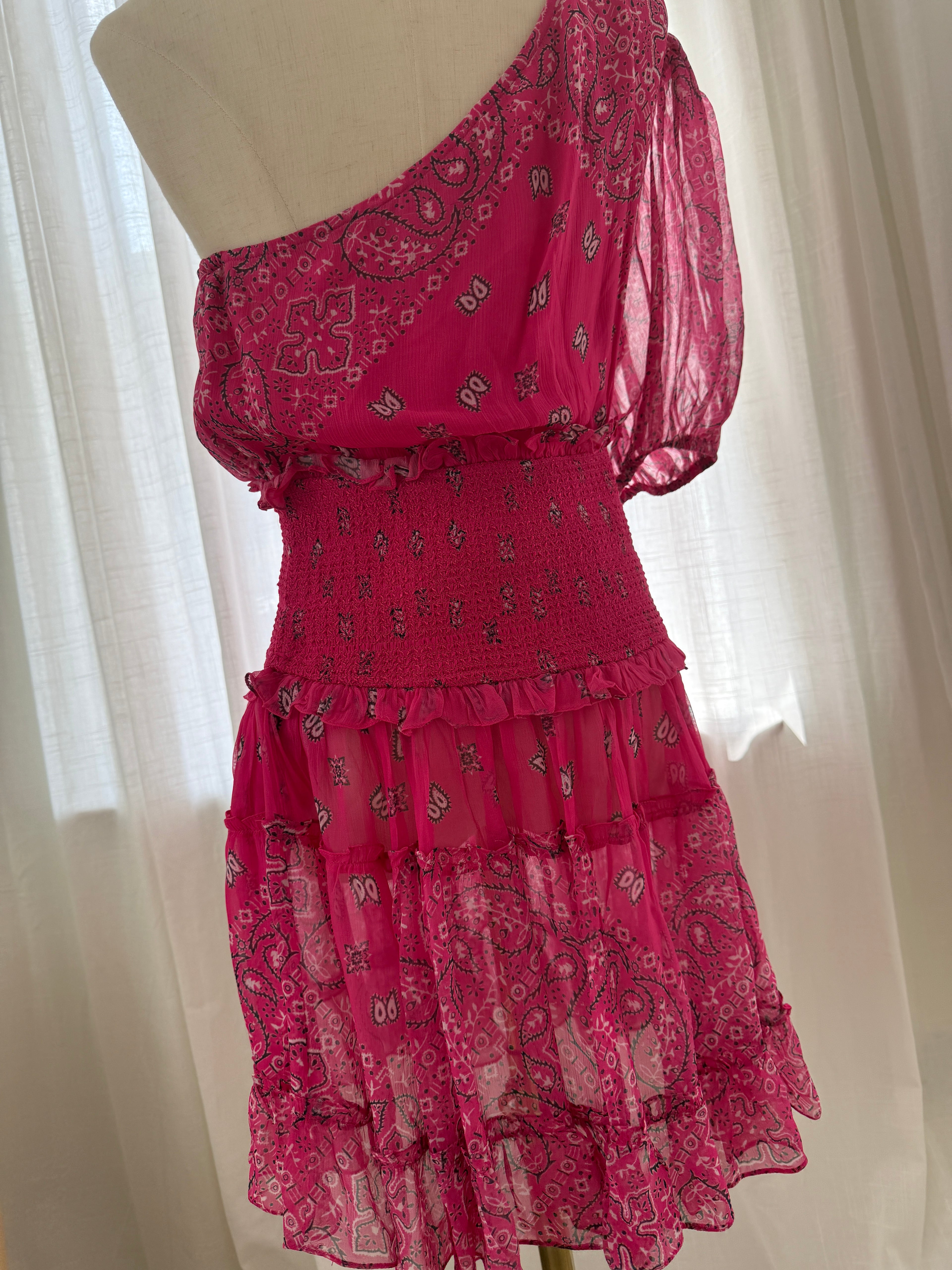 Rococo Sands One-Shoulder Pink Mini Dress with Ruffle Detailing – Size M