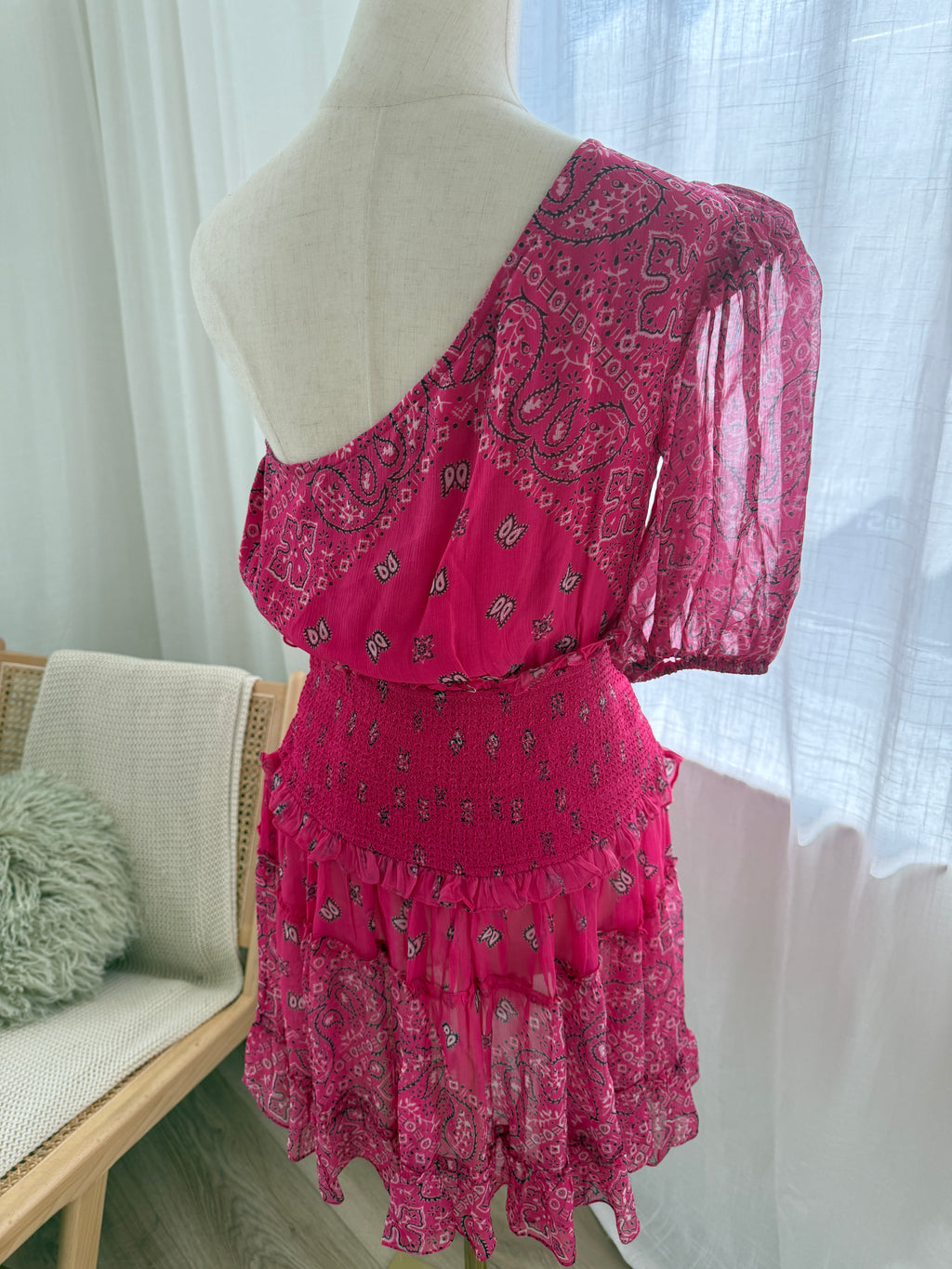 Rococo Sands One-Shoulder Pink Mini Dress with Ruffle Detailing – Size M
