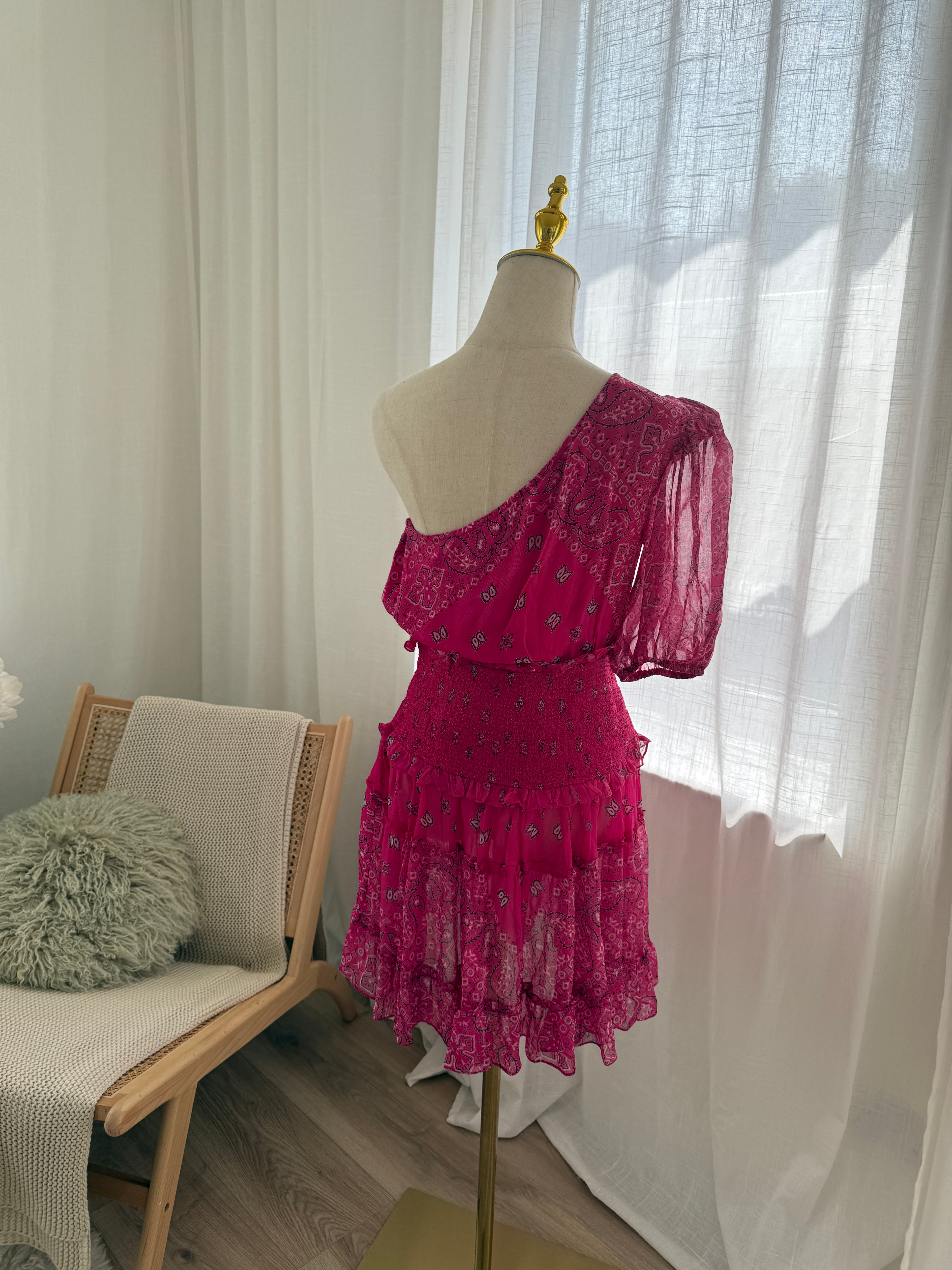 Rococo Sands One-Shoulder Pink Mini Dress with Ruffle Detailing – Size M