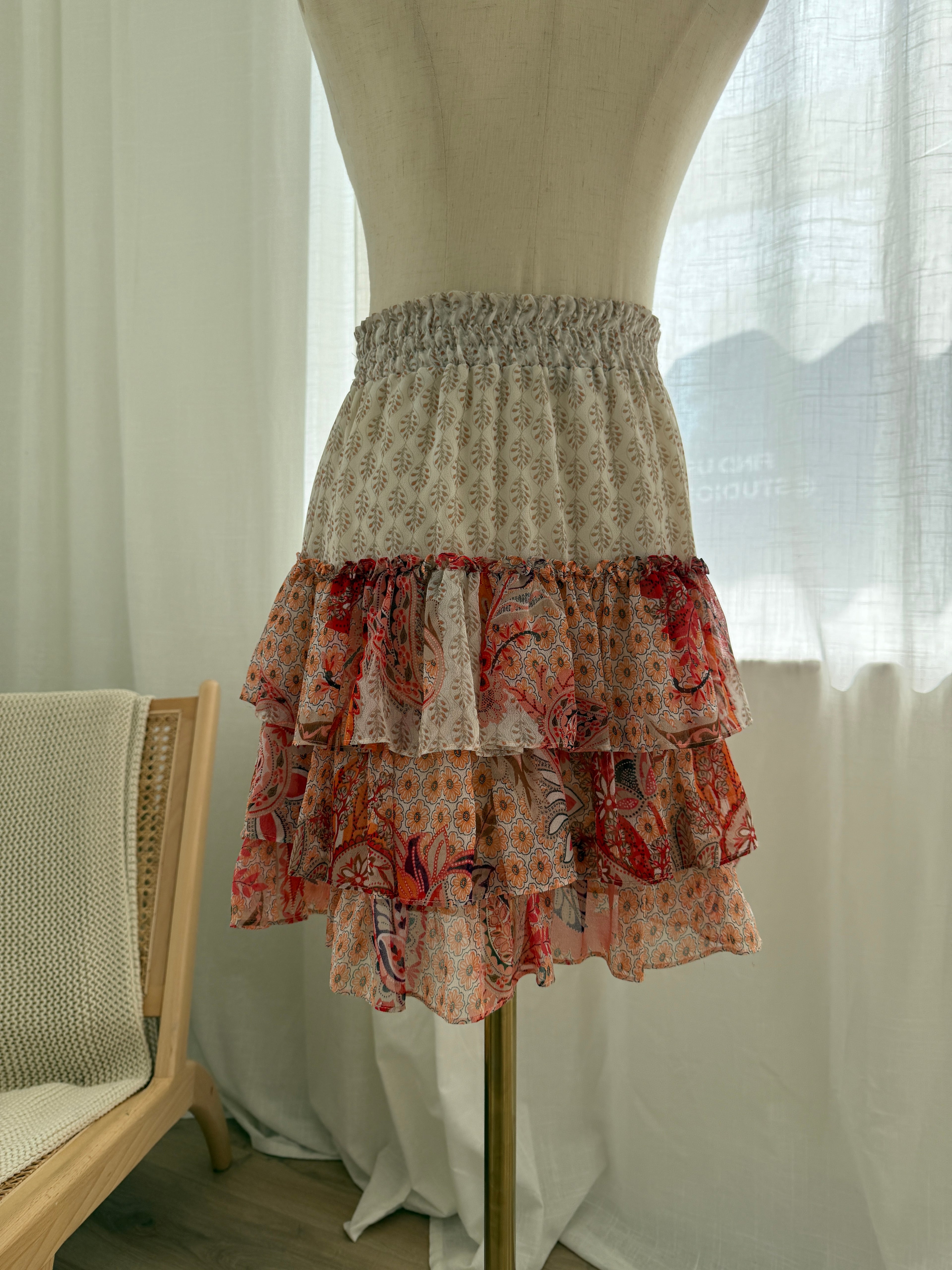 MISA Los Angeles Floral Ruffle Mini Skirt in Neutral & Red Print – Size S