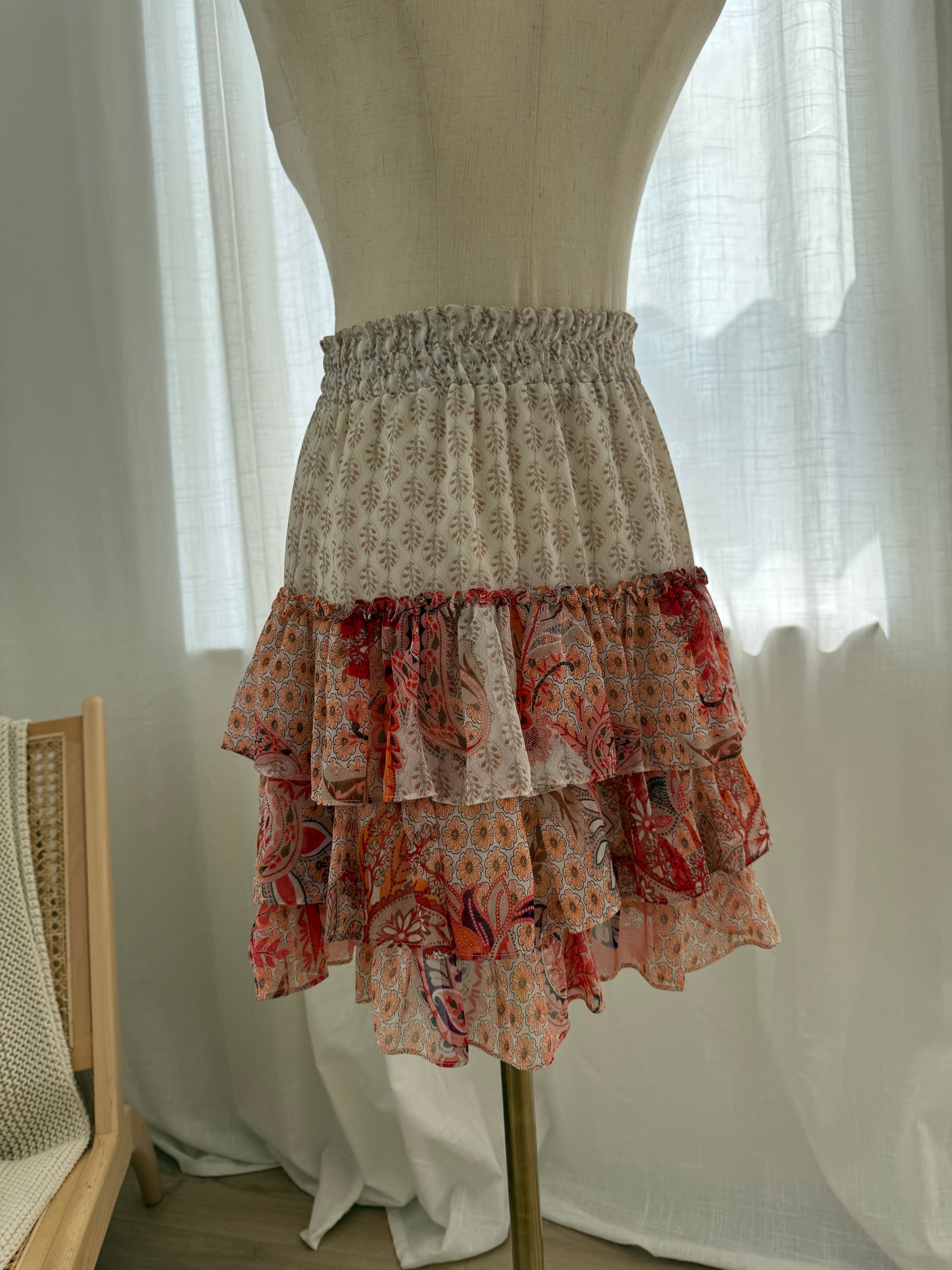 MISA Los Angeles Floral Ruffle Mini Skirt in Neutral & Red Print – Size S