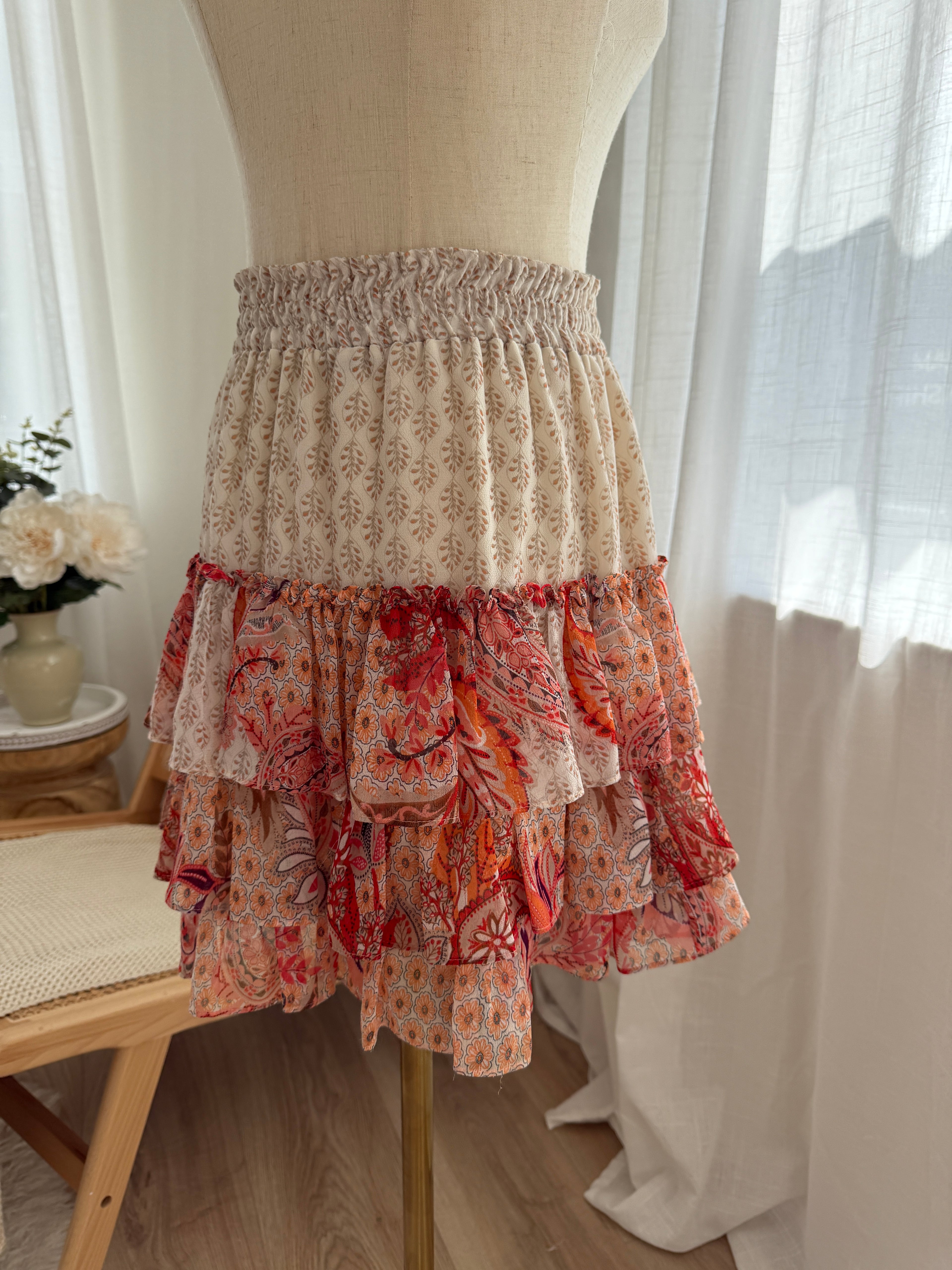 MISA Los Angeles Floral Ruffle Mini Skirt in Neutral & Red Print – Size S