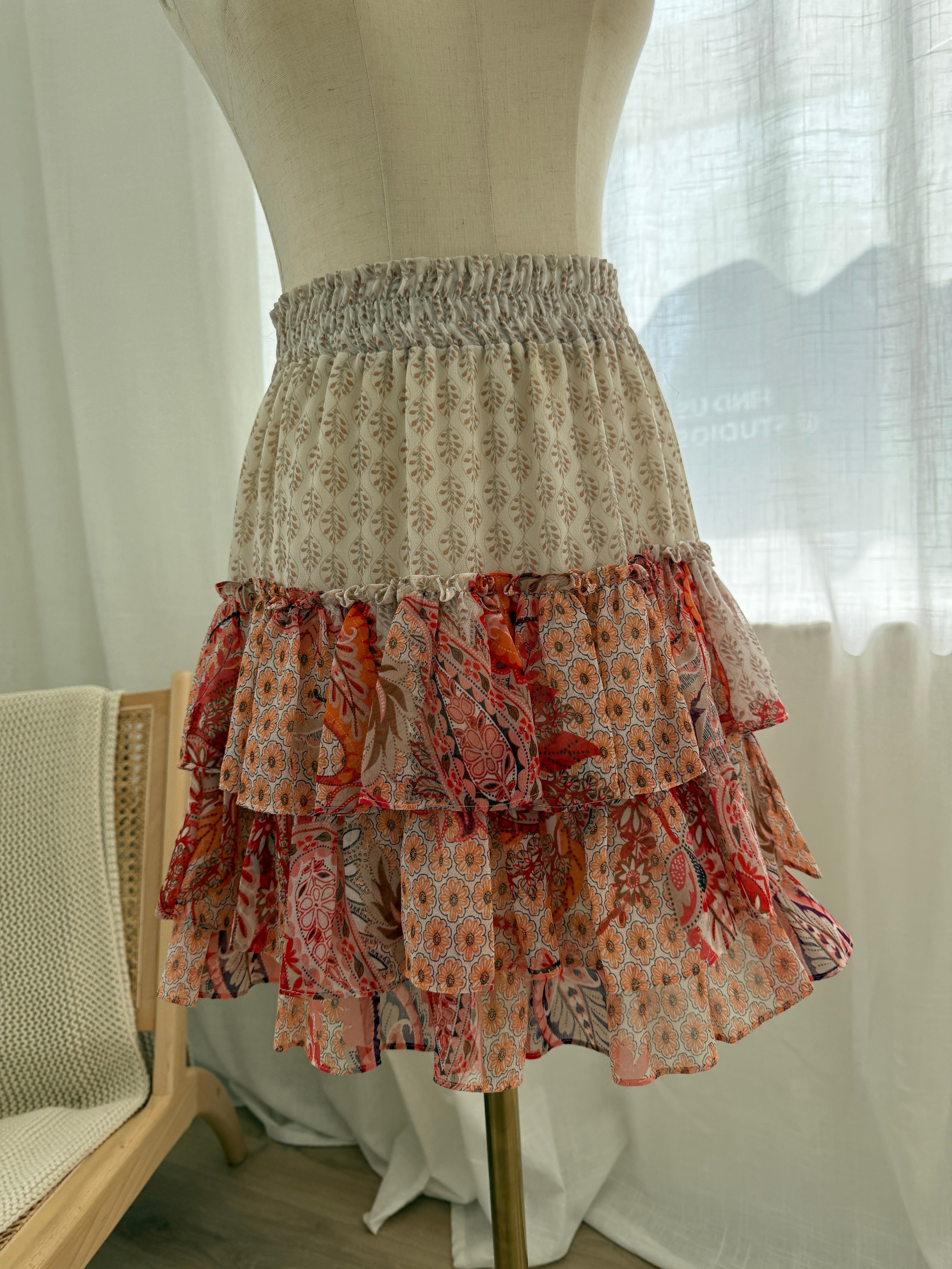 MISA Los Angeles Floral Ruffle Mini Skirt in Neutral & Red Print – Size S