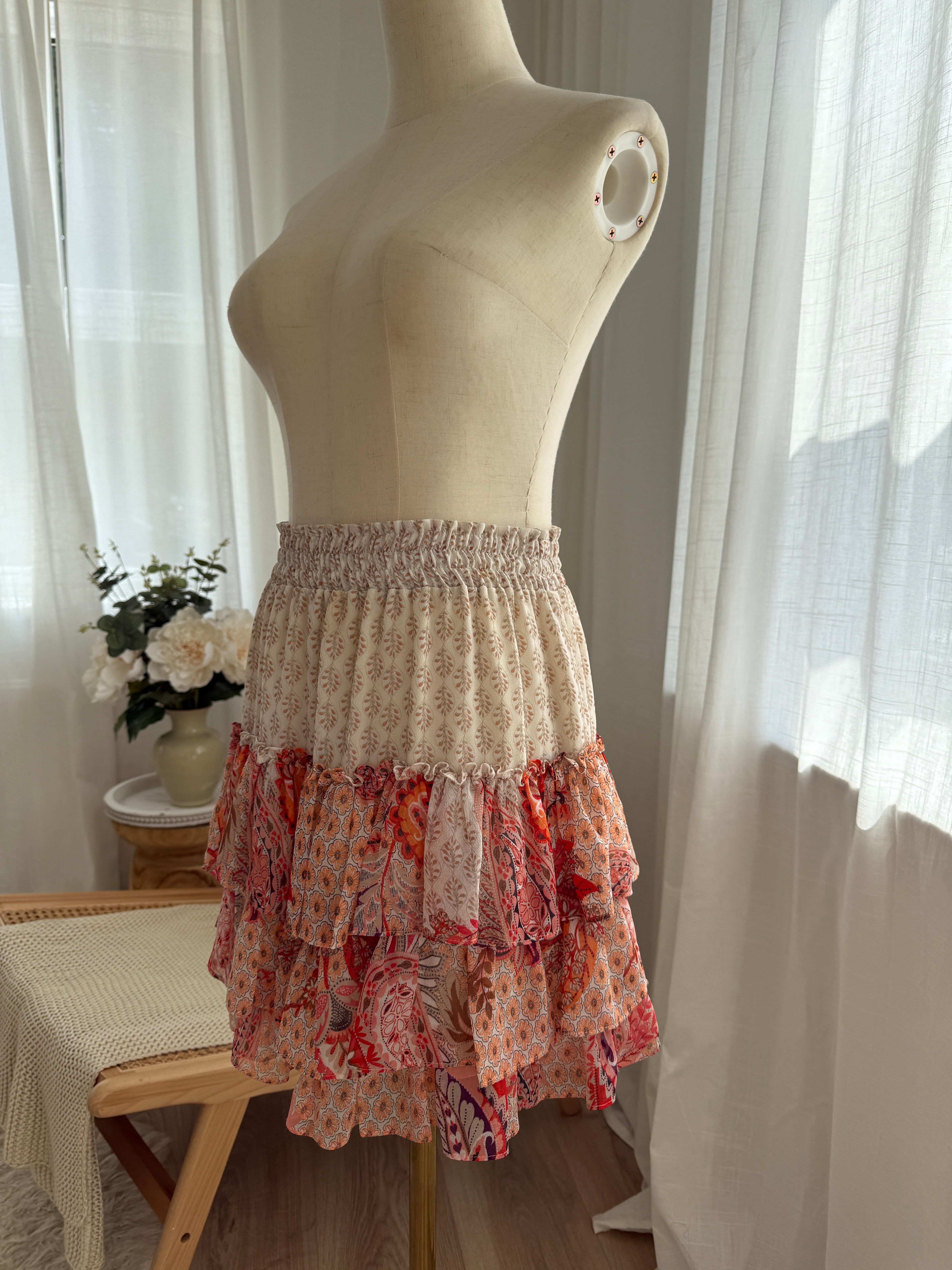 MISA Los Angeles Floral Ruffle Mini Skirt in Neutral & Red Print – Size S