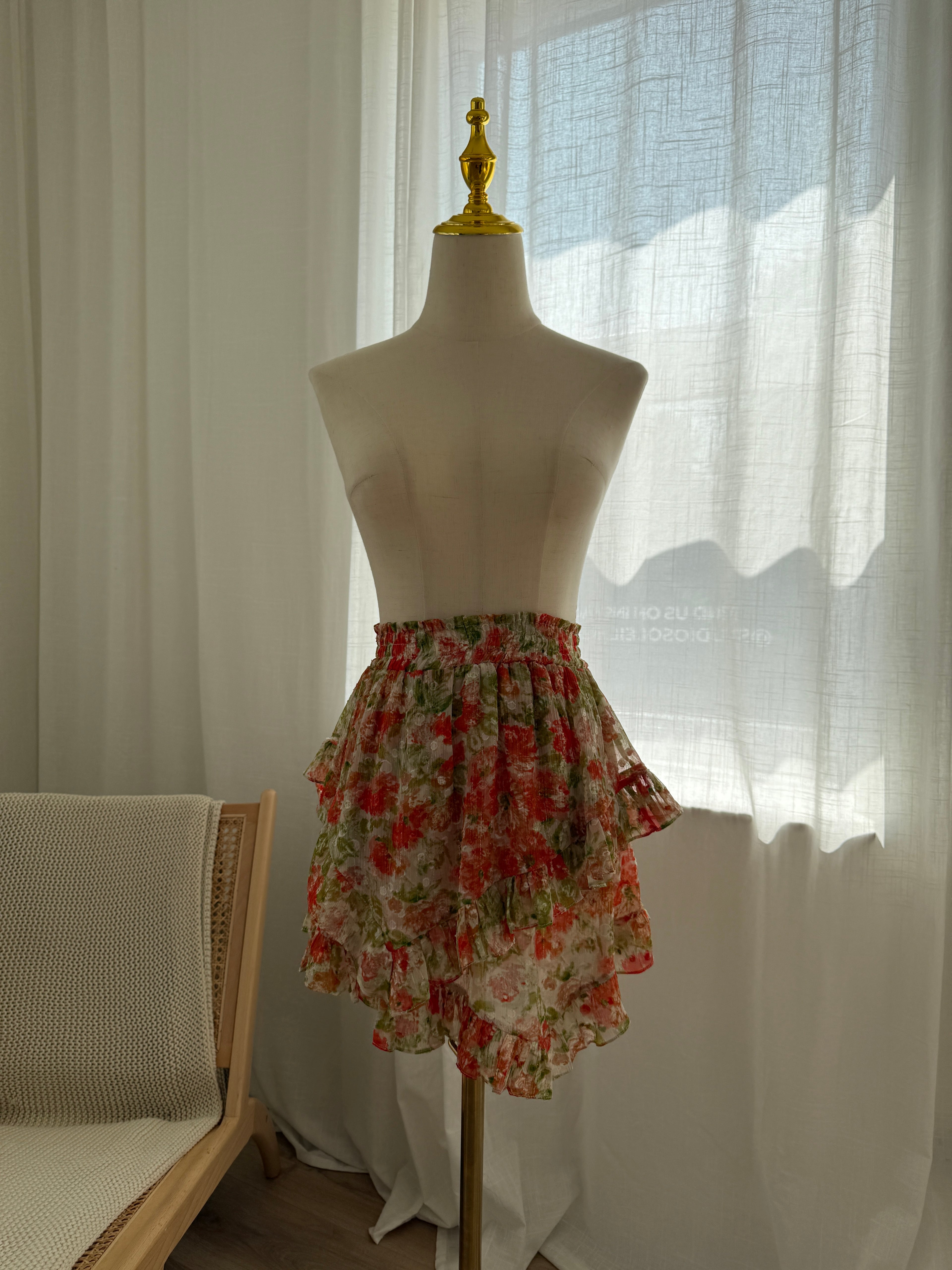 MISA Los Angeles Floral Ruffle Mini Skirt with Glitter Accents – Size XS