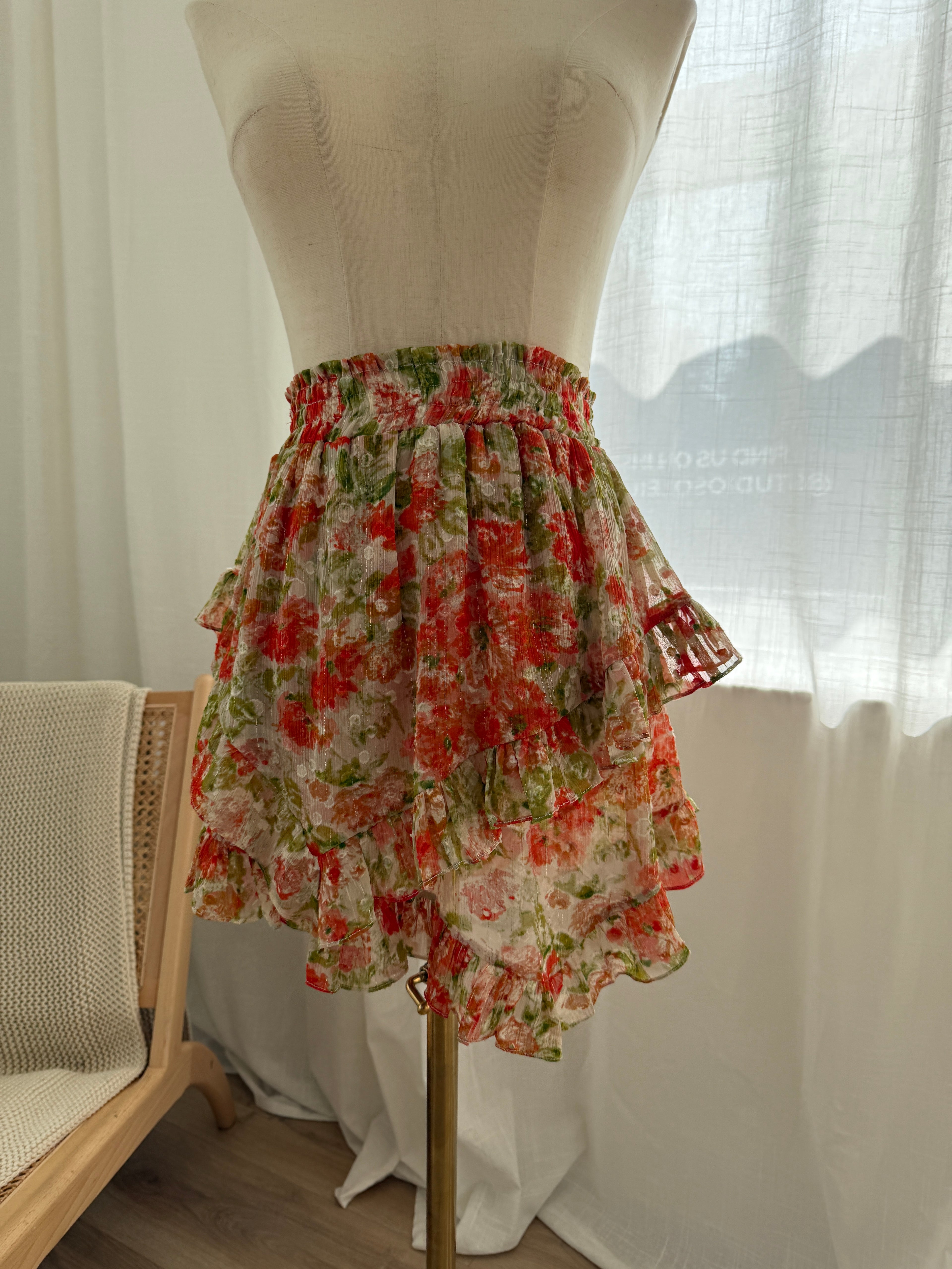 MISA Los Angeles Floral Ruffle Mini Skirt with Glitter Accents – Size XS