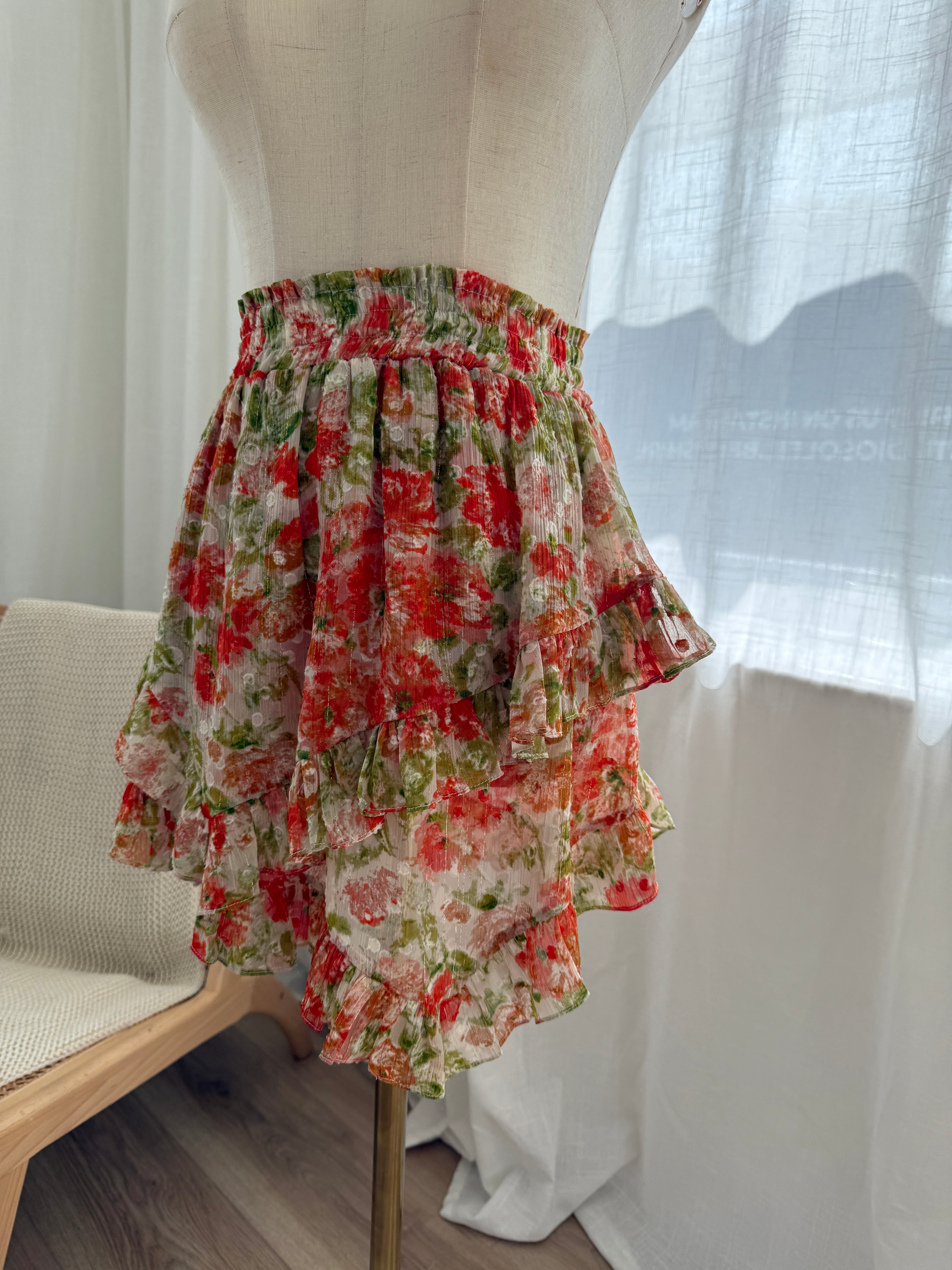 MISA Los Angeles Floral Ruffle Mini Skirt with Glitter Accents – Size XS