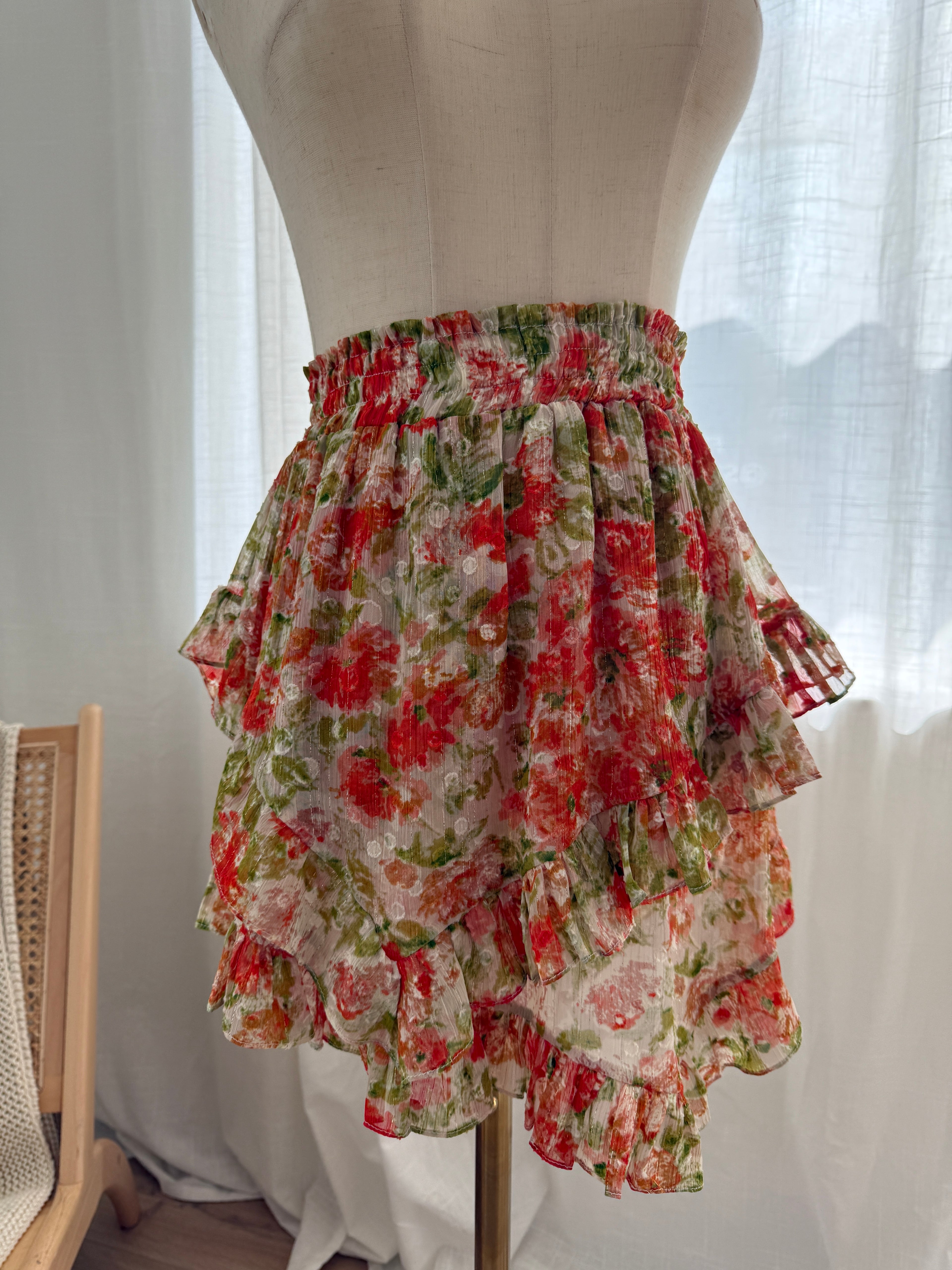 MISA Los Angeles Floral Ruffle Mini Skirt with Glitter Accents – Size XS