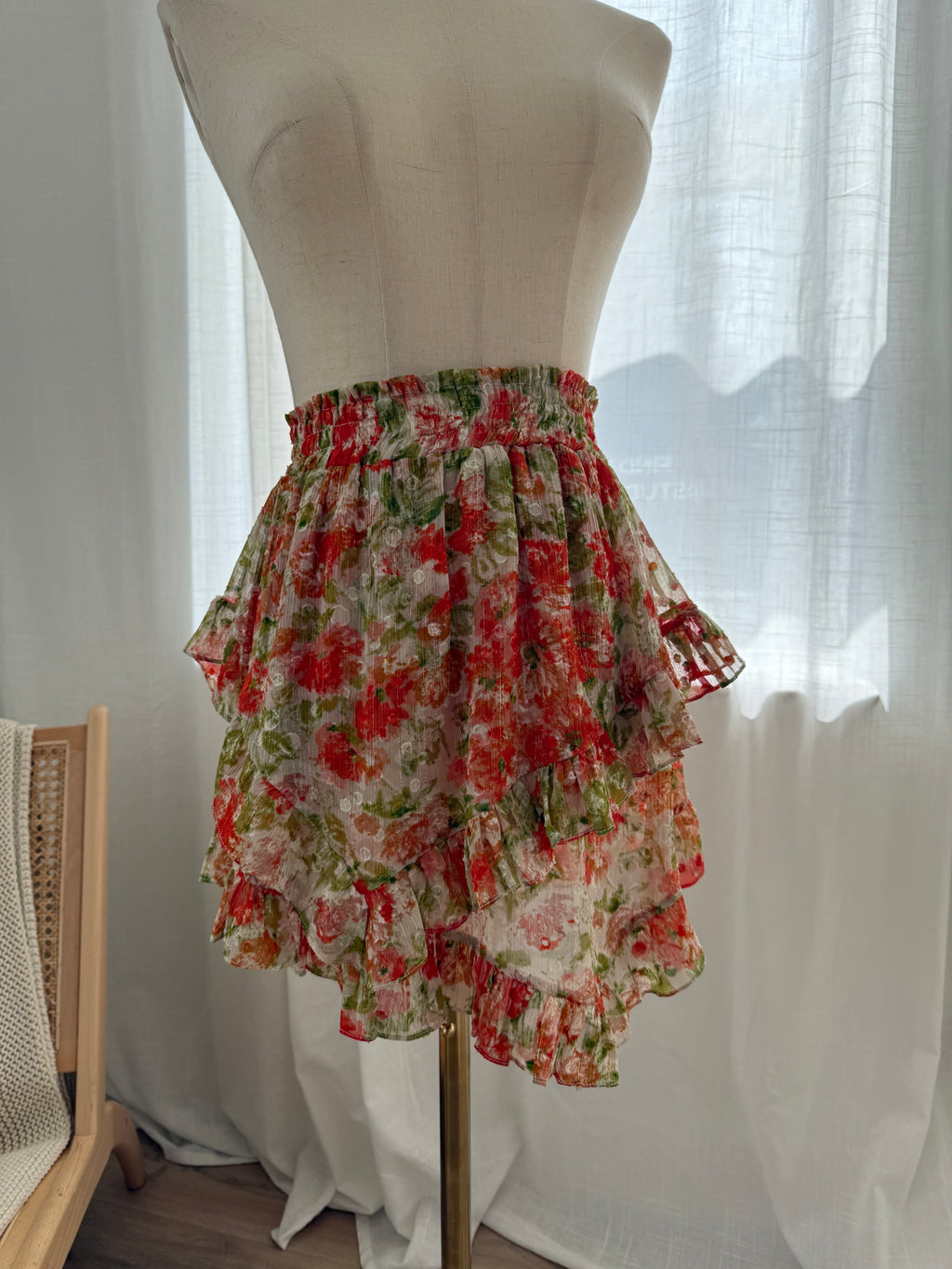 MISA Los Angeles Floral Ruffle Mini Skirt with Glitter Accents – Size XS