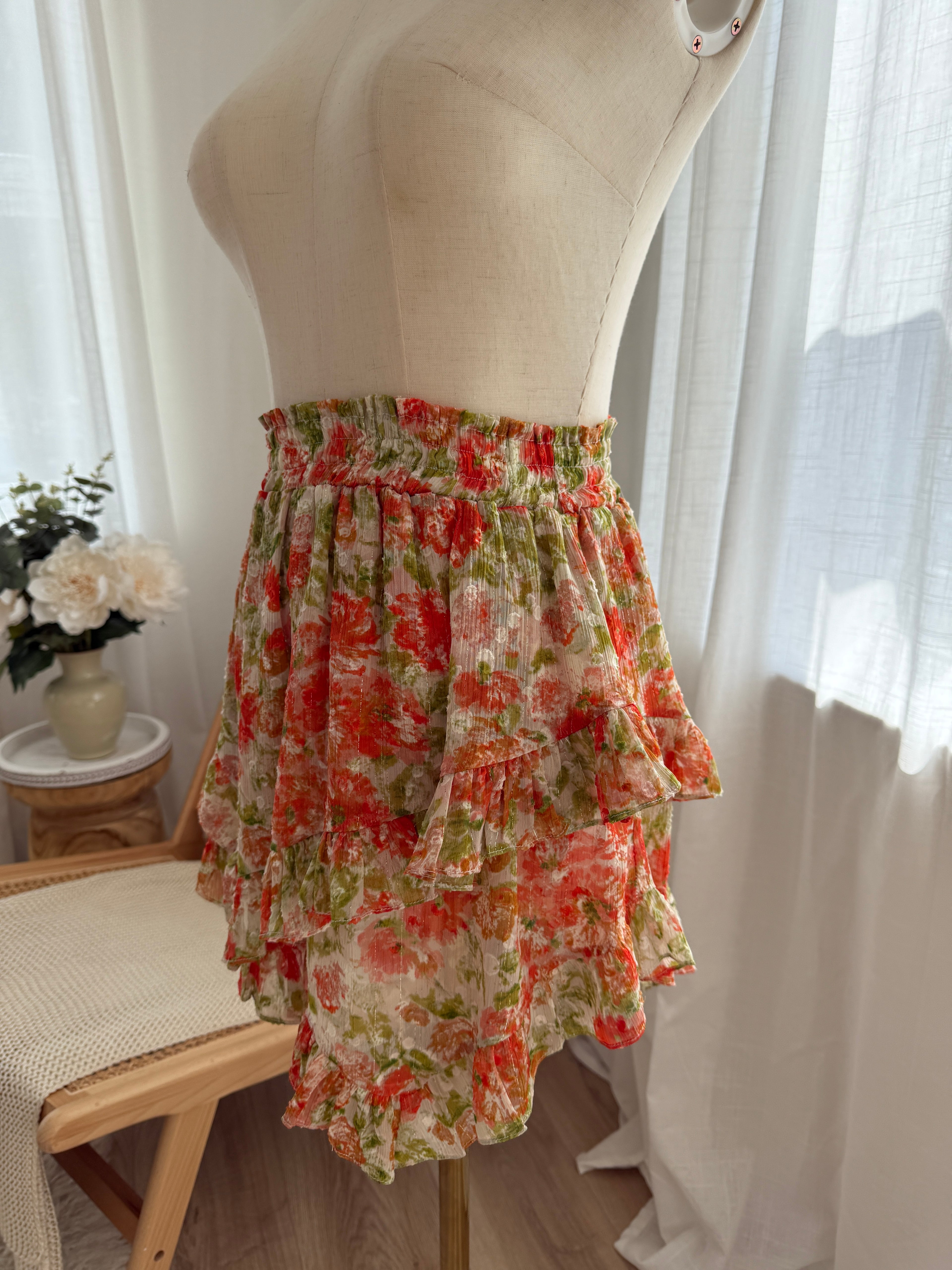 MISA Los Angeles Floral Ruffle Mini Skirt with Glitter Accents – Size XS