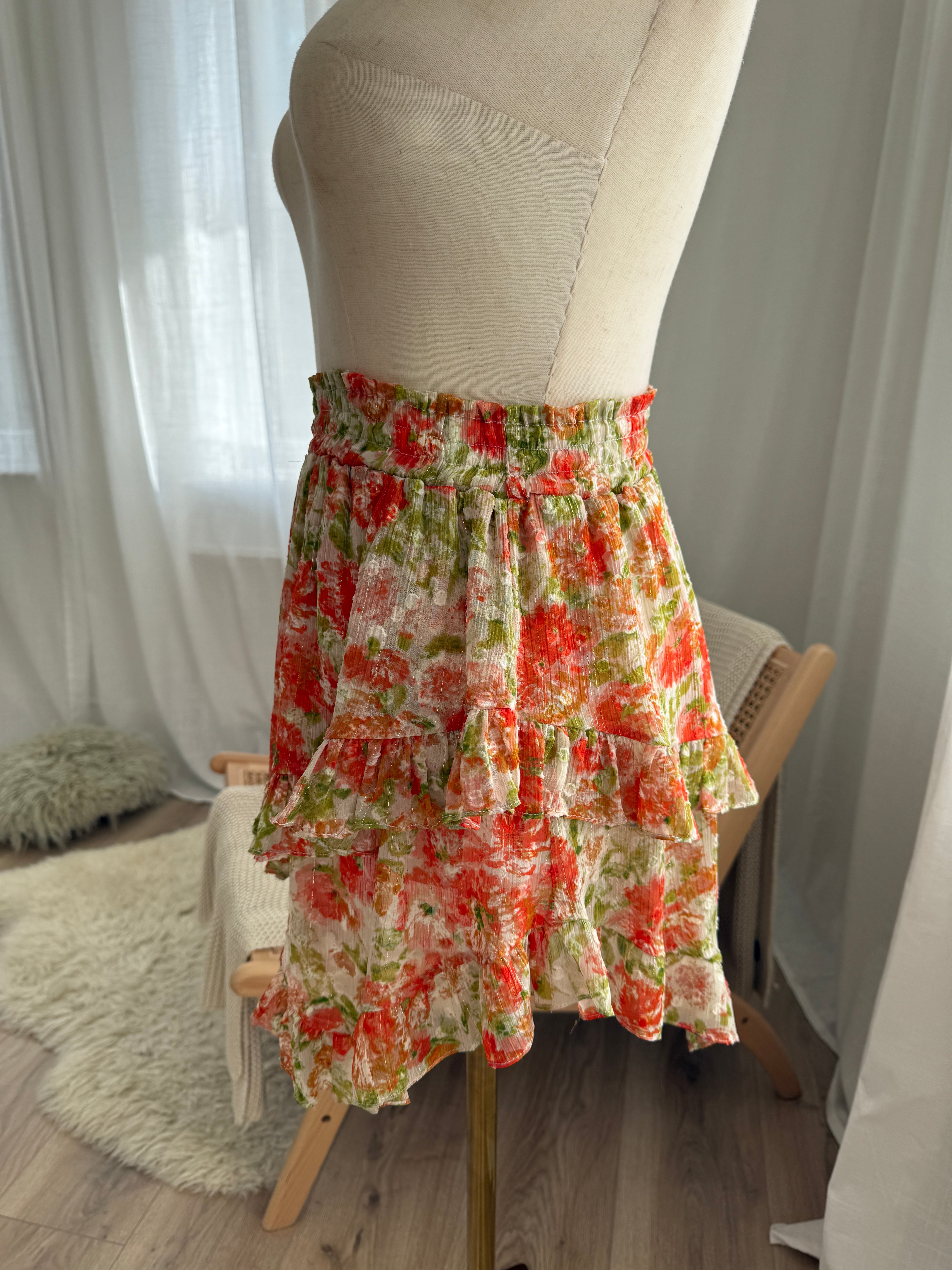 MISA Los Angeles Floral Ruffle Mini Skirt with Glitter Accents – Size XS