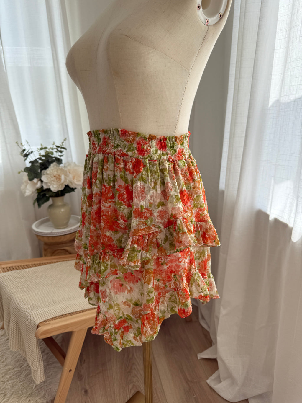 MISA Los Angeles Floral Ruffle Mini Skirt with Glitter Accents – Size XS