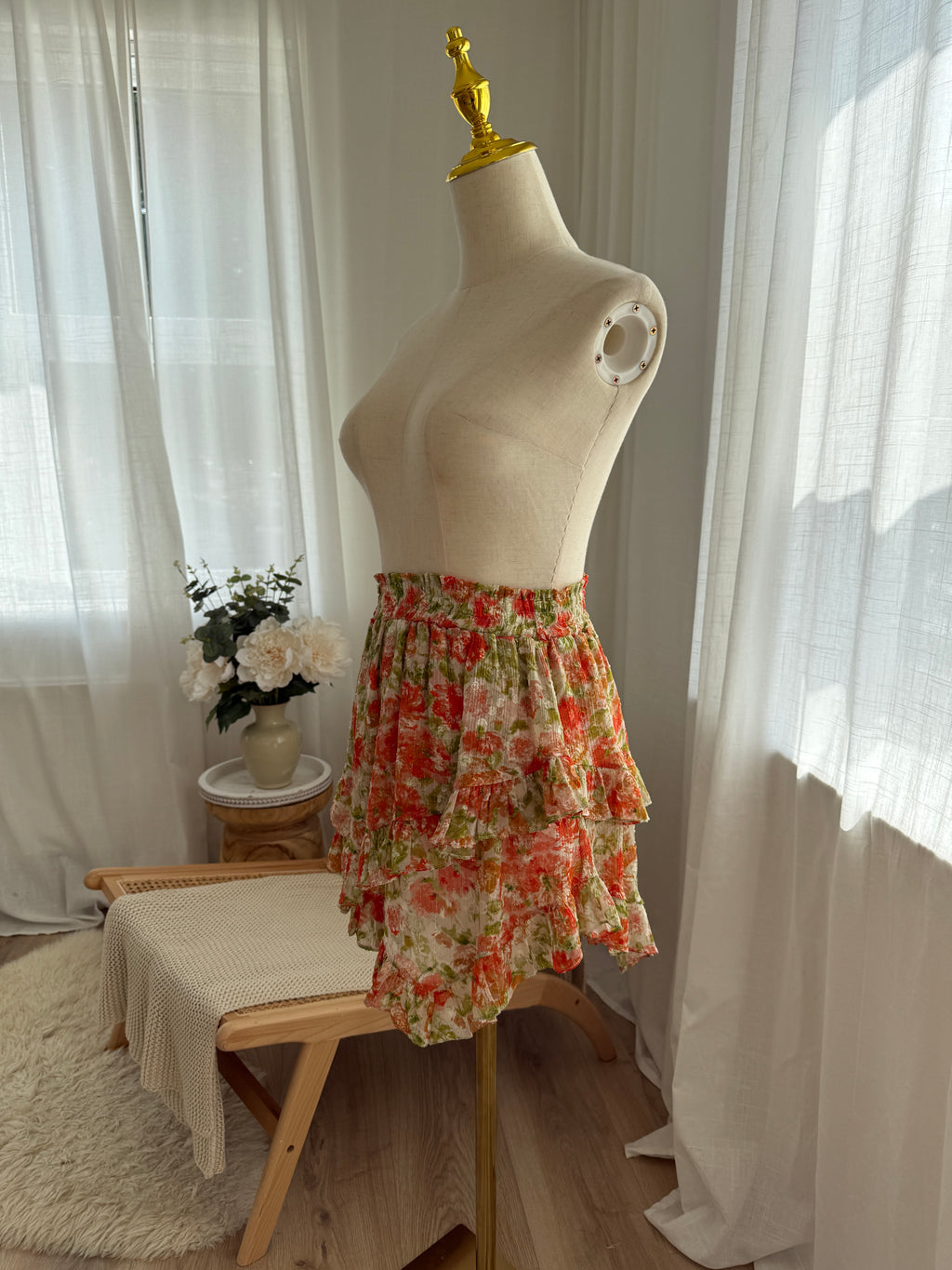 MISA Los Angeles Floral Ruffle Mini Skirt with Glitter Accents – Size XS