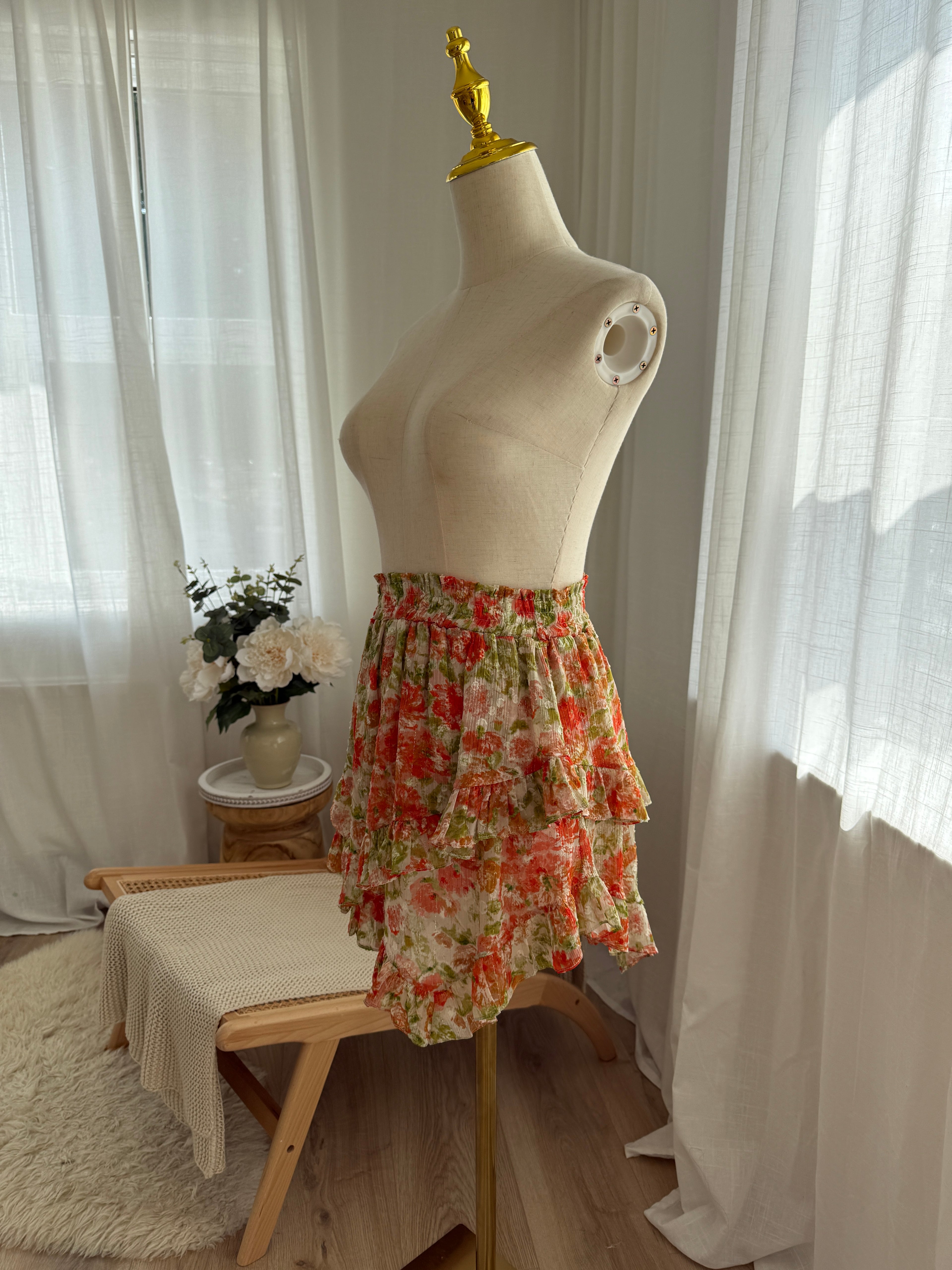 MISA Los Angeles Floral Ruffle Mini Skirt with Glitter Accents – Size XS
