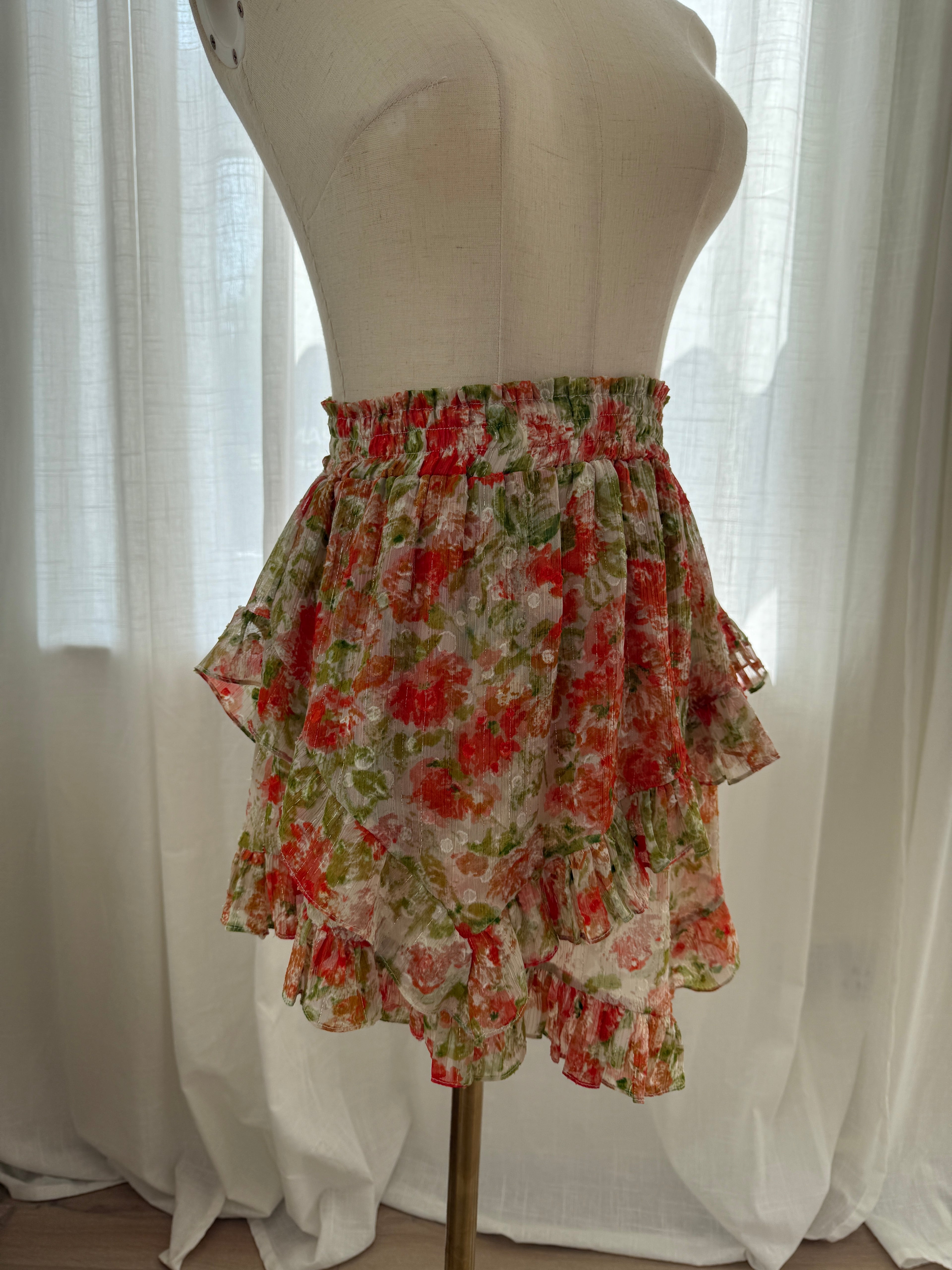 MISA Los Angeles Floral Ruffle Mini Skirt with Glitter Accents – Size XS