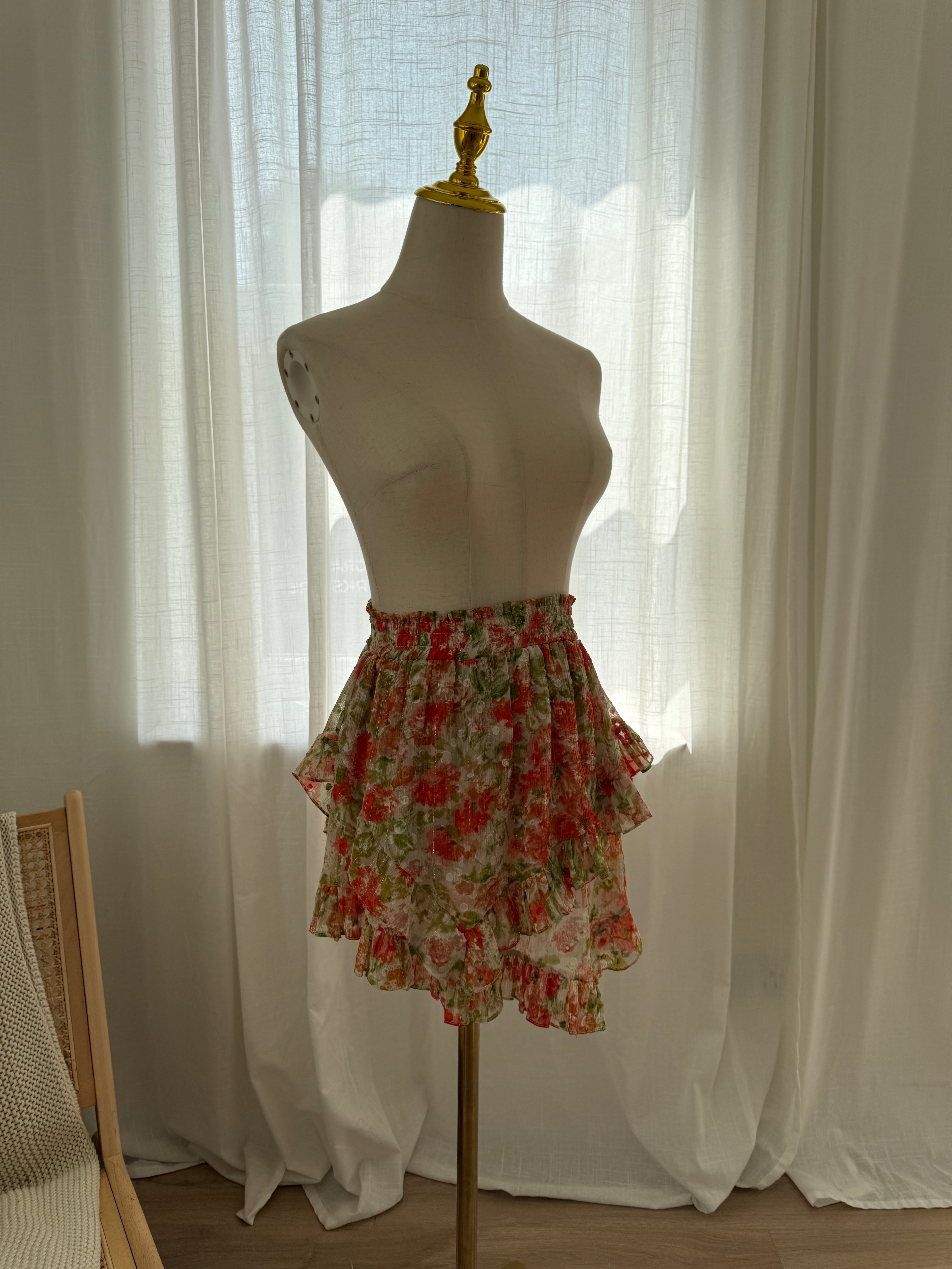 MISA Los Angeles Floral Ruffle Mini Skirt with Glitter Accents – Size XS