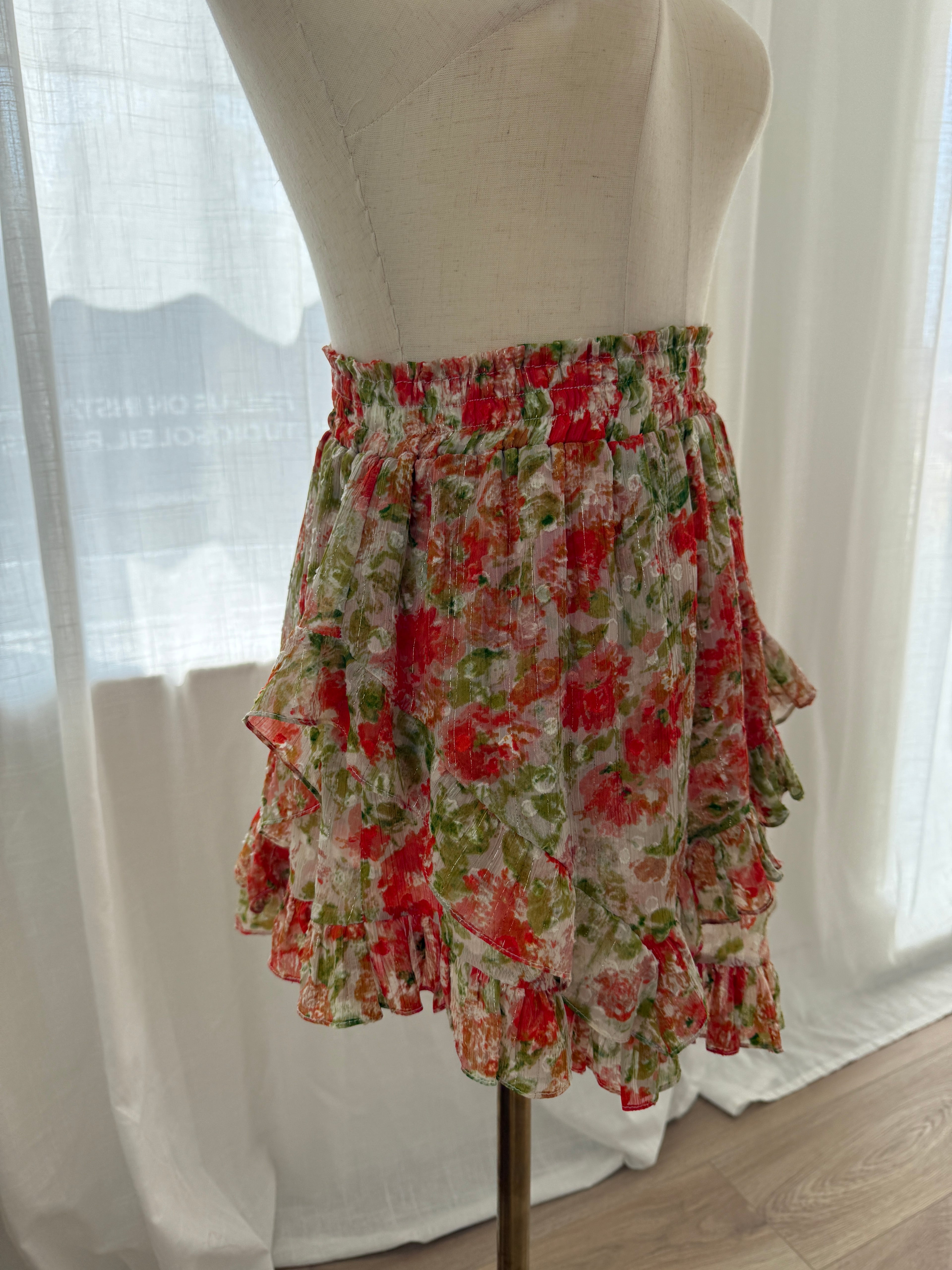 MISA Los Angeles Floral Ruffle Mini Skirt with Glitter Accents – Size XS