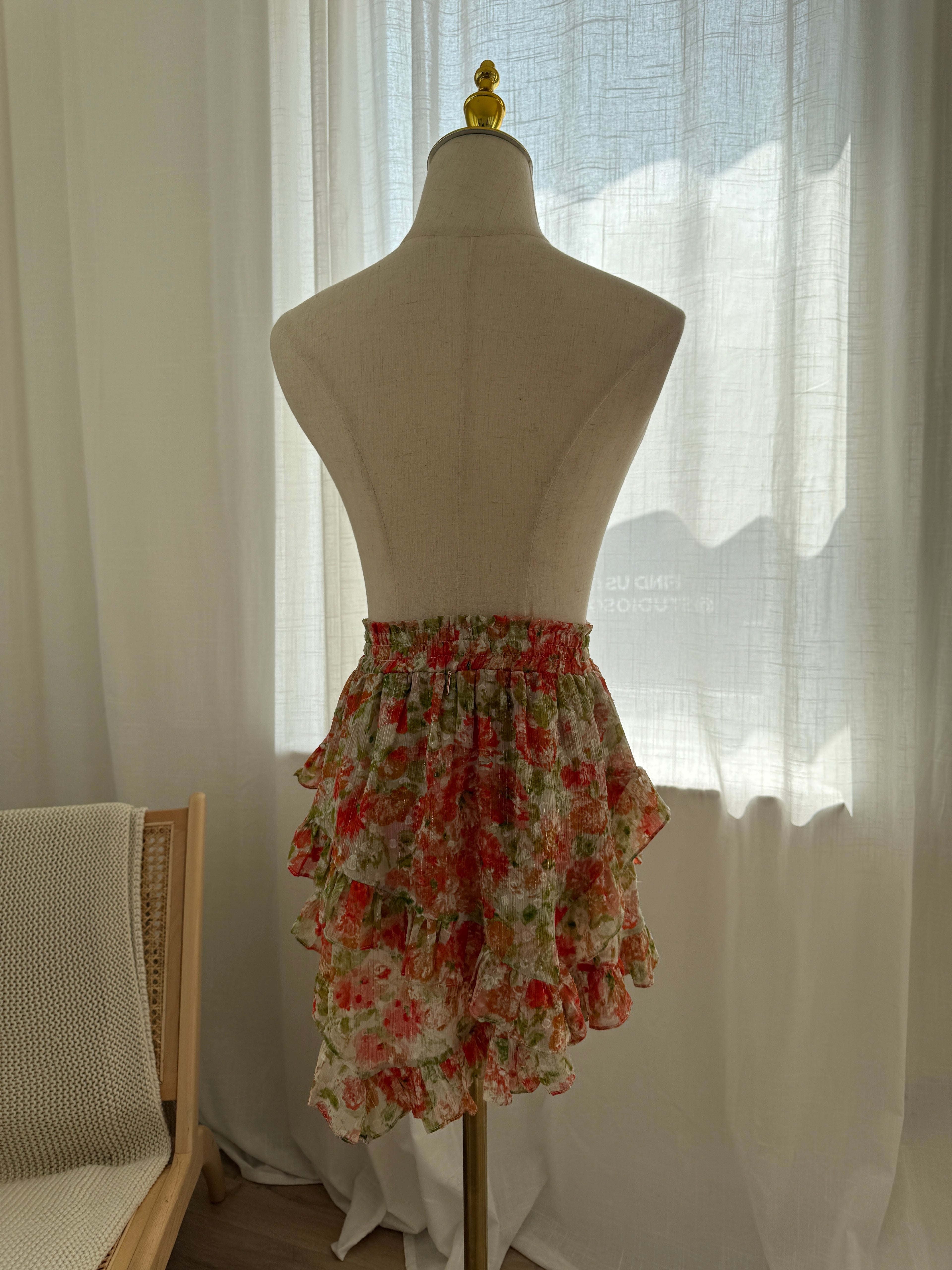 MISA Los Angeles Floral Ruffle Mini Skirt with Glitter Accents – Size XS