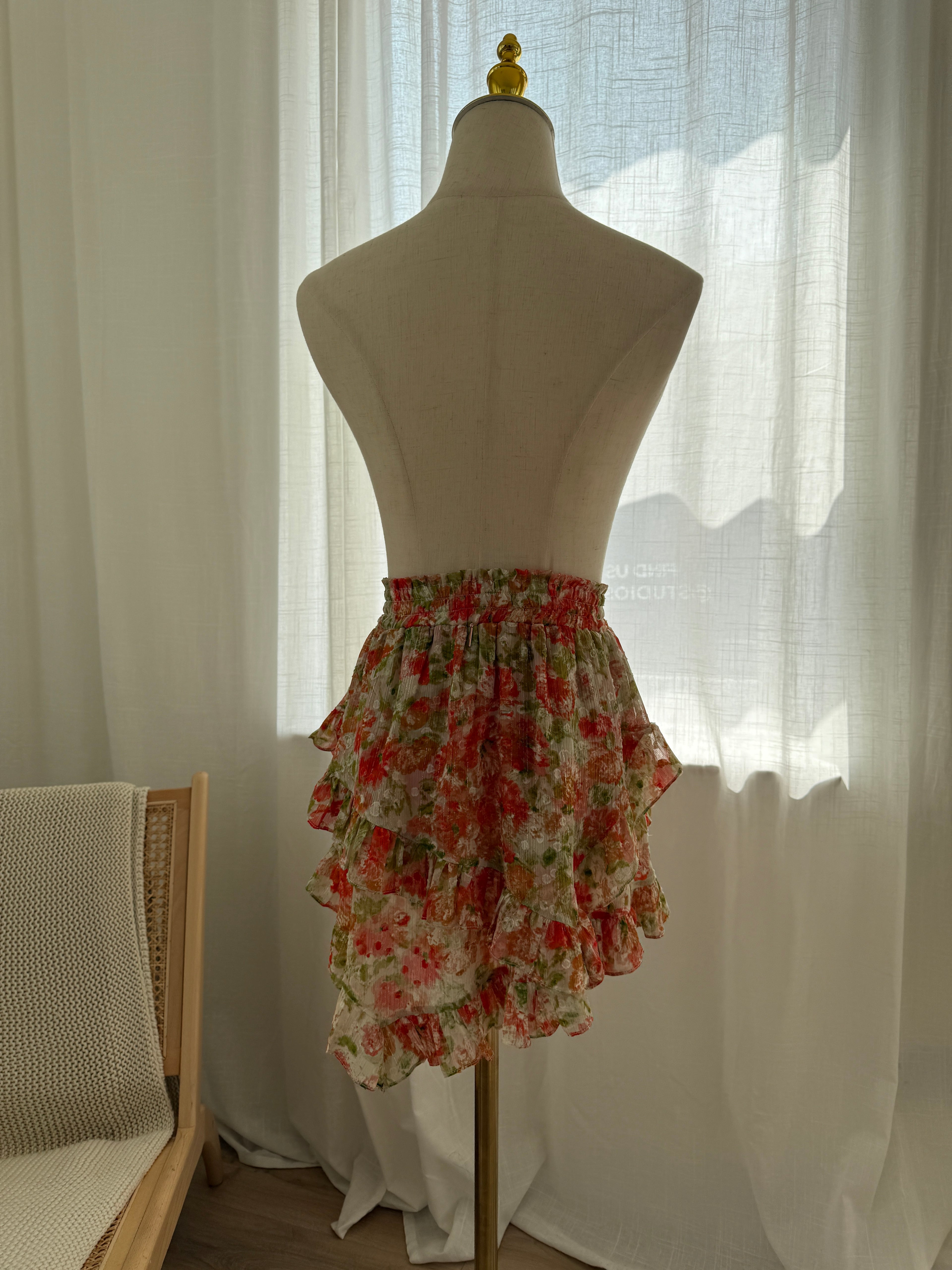 MISA Los Angeles Floral Ruffle Mini Skirt with Glitter Accents – Size XS