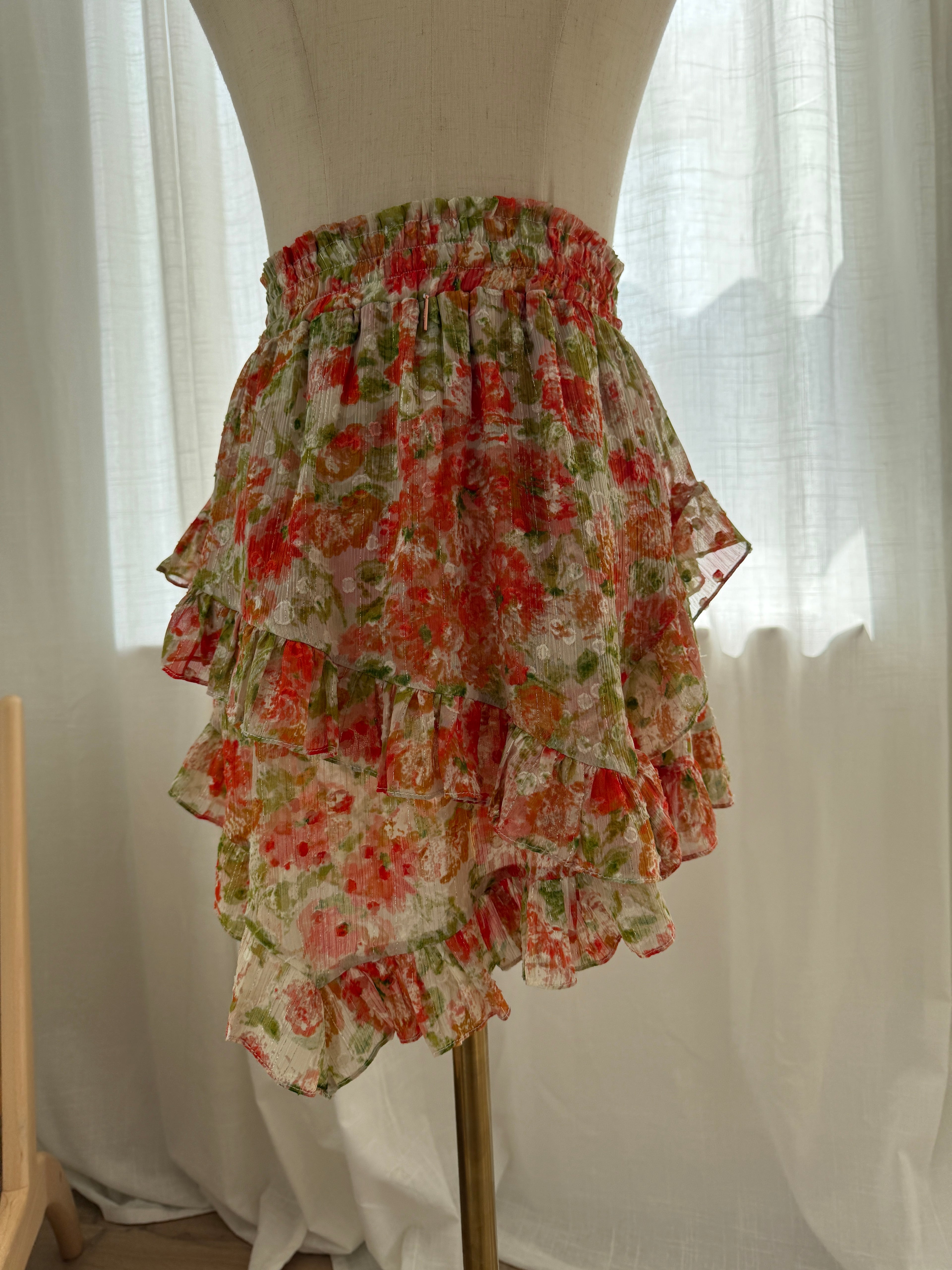 MISA Los Angeles Floral Ruffle Mini Skirt with Glitter Accents – Size XS