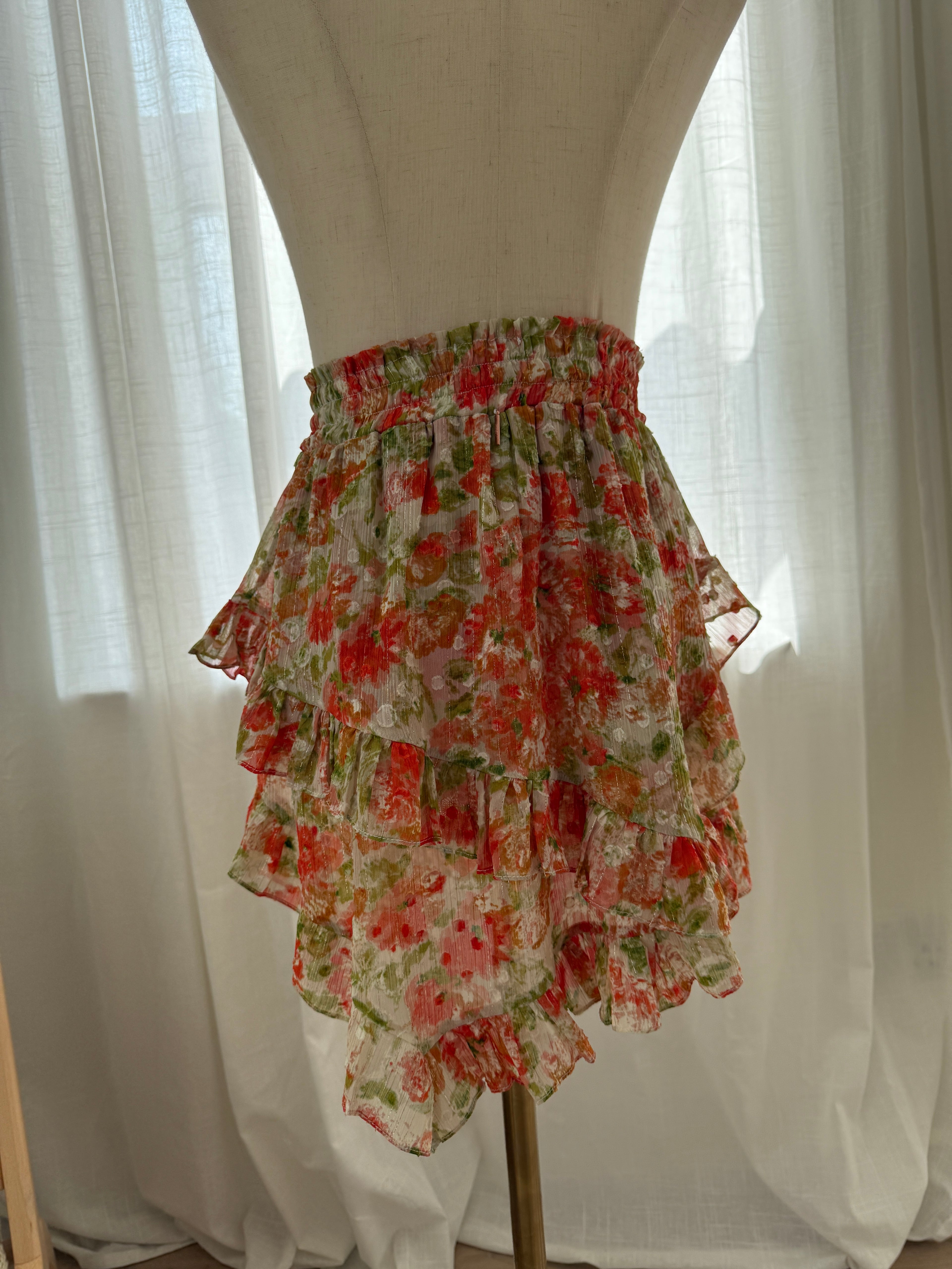 MISA Los Angeles Floral Ruffle Mini Skirt with Glitter Accents – Size XS