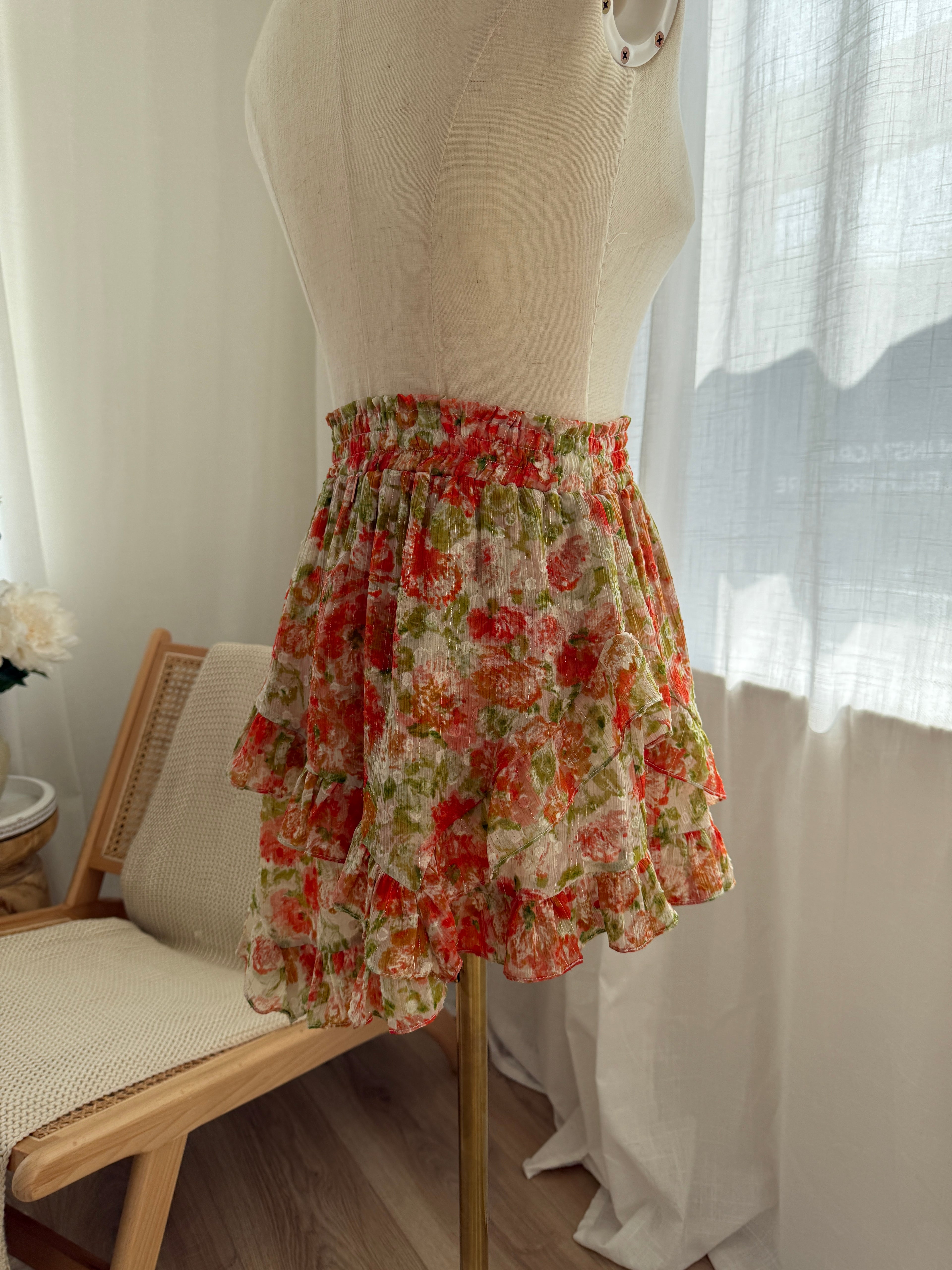 MISA Los Angeles Floral Ruffle Mini Skirt with Glitter Accents – Size XS