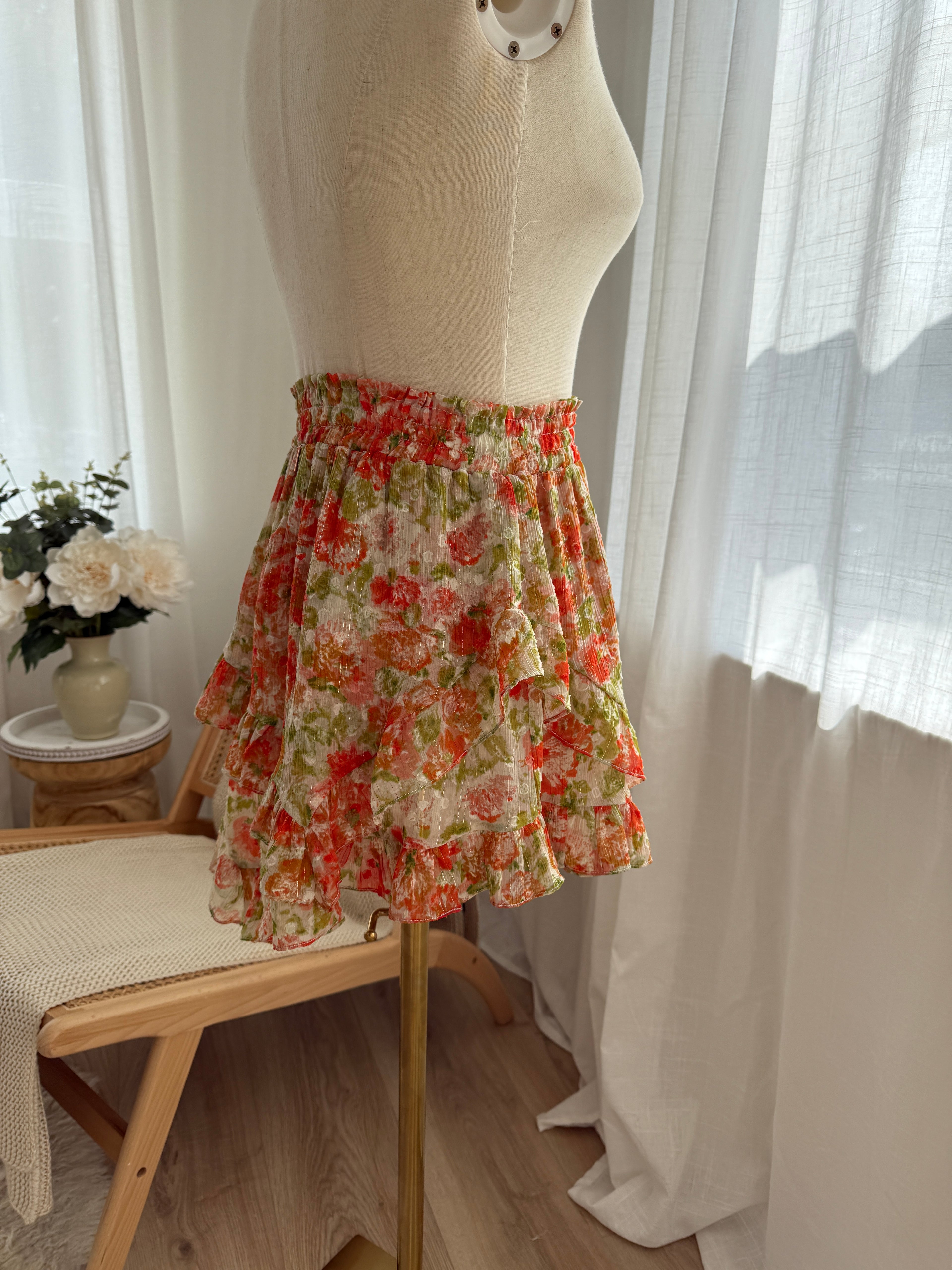 MISA Los Angeles Floral Ruffle Mini Skirt with Glitter Accents – Size XS